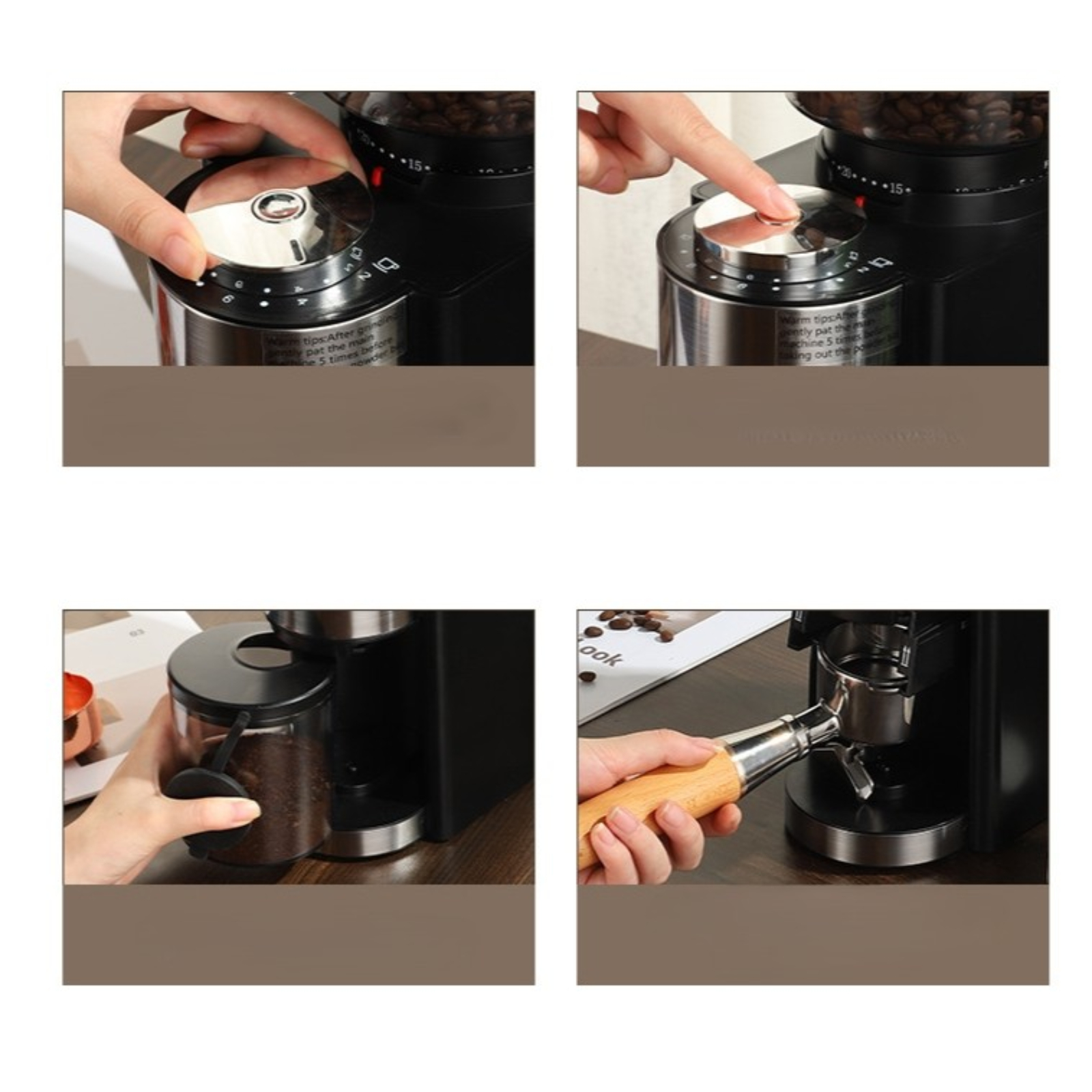 Nahaufnahmen einer Kaffeemühle im Einsatz. Hände passen Einstellungen an, geben Kaffeepulver aus und verwenden einen Siebträger.