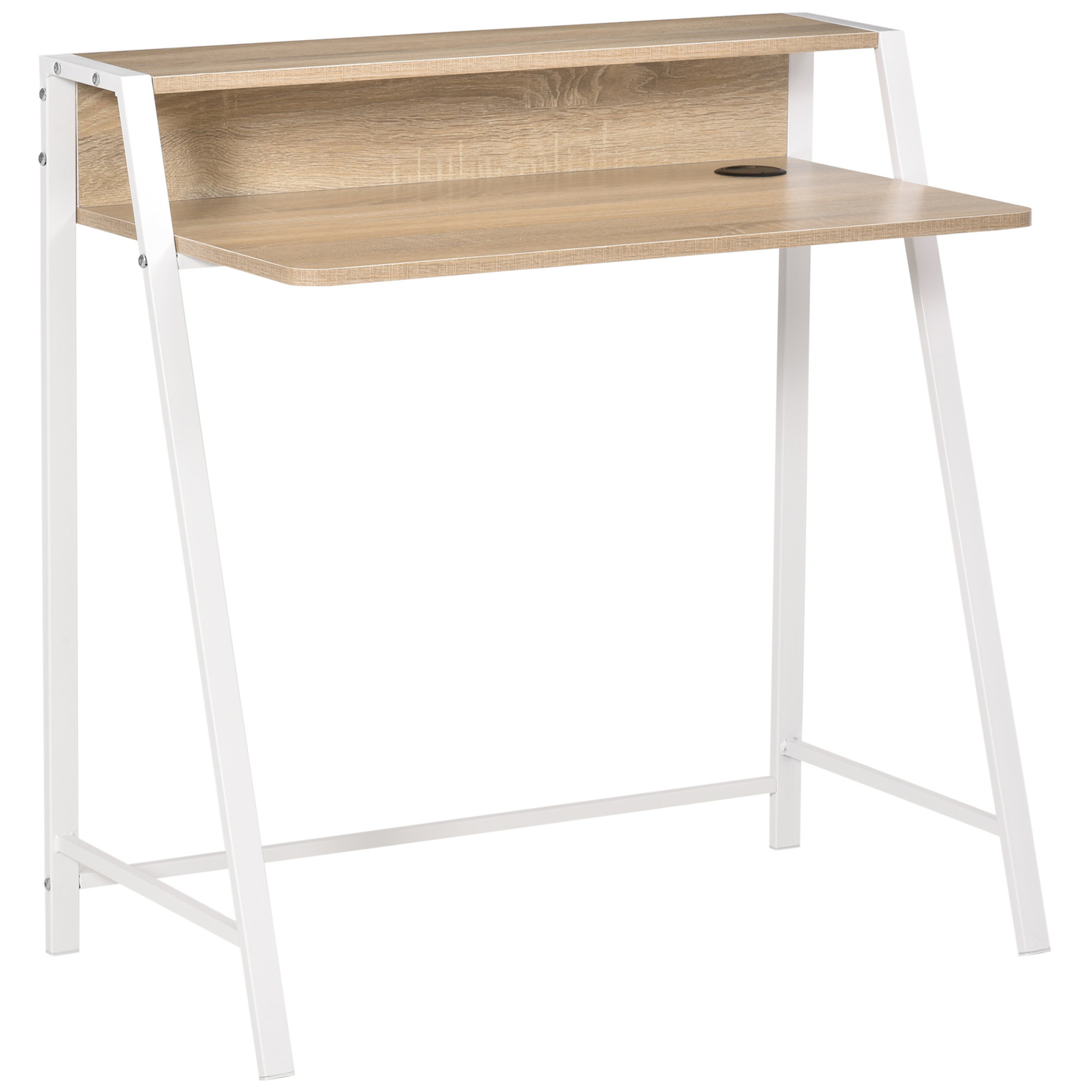 Ein Holzschreibtisch mit weißen Metallbeinen. Es hat ein Regal und ein Loch für Kabel.