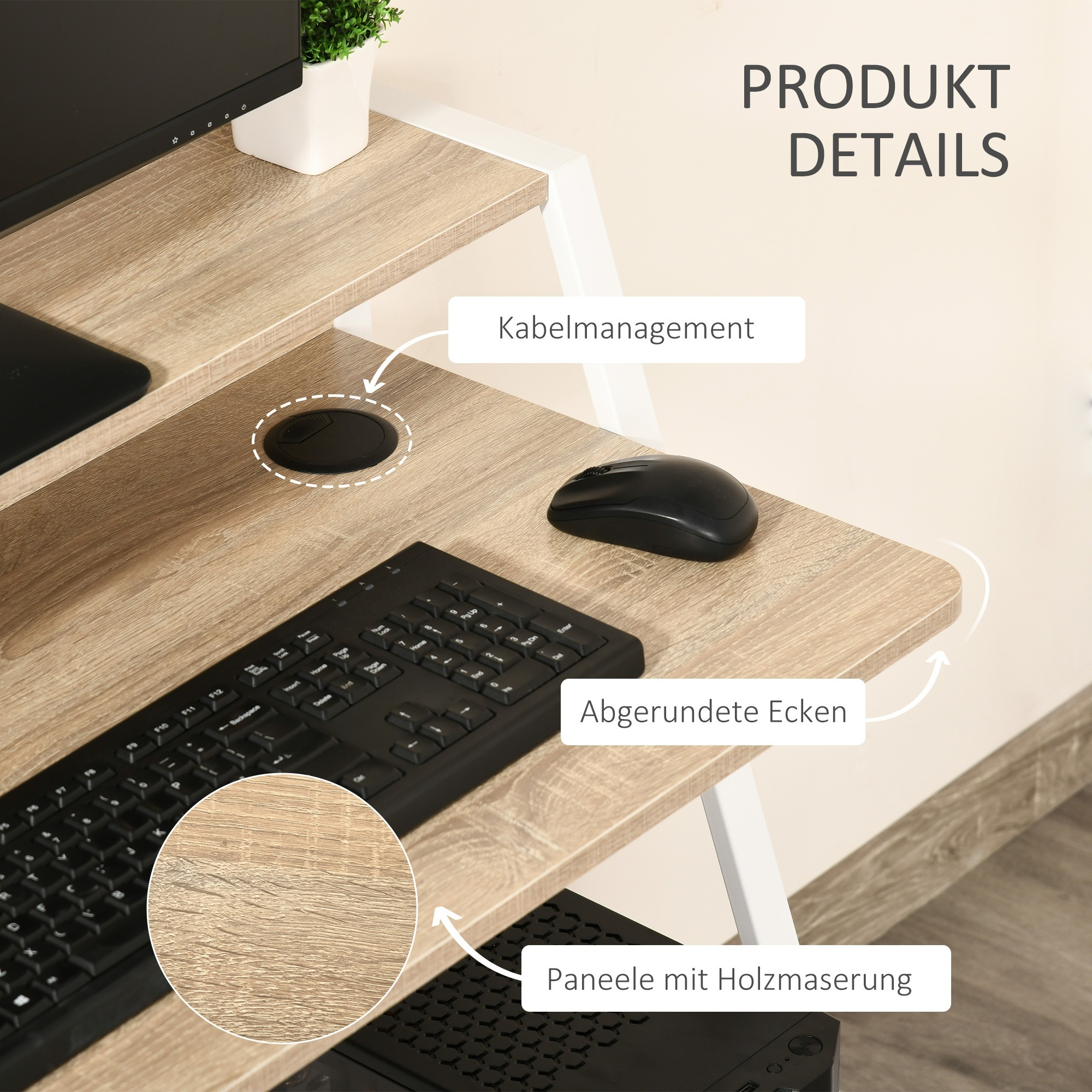 Ein Schreibtisch mit Tastatur, Maus und Computer. Er hat Holzmaserungsdetails und abgerundete Ecken.