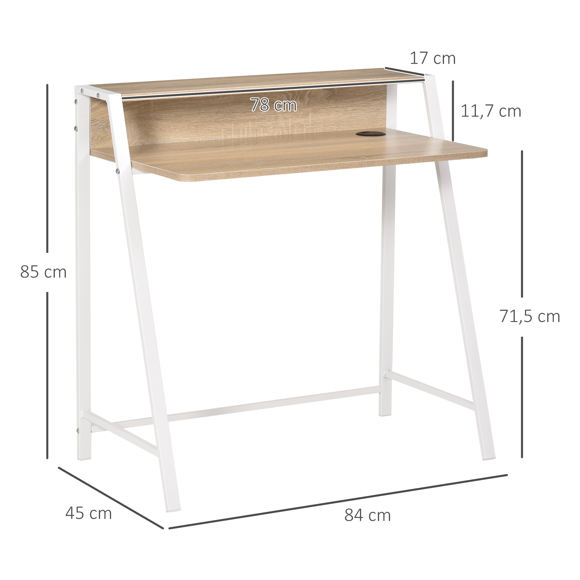 Ein weißer und hölzerner Schreibtisch mit Maßen. Er hat ein Regal, einen Schreibtisch und weiße Beine. Abmessungen sind angegeben.