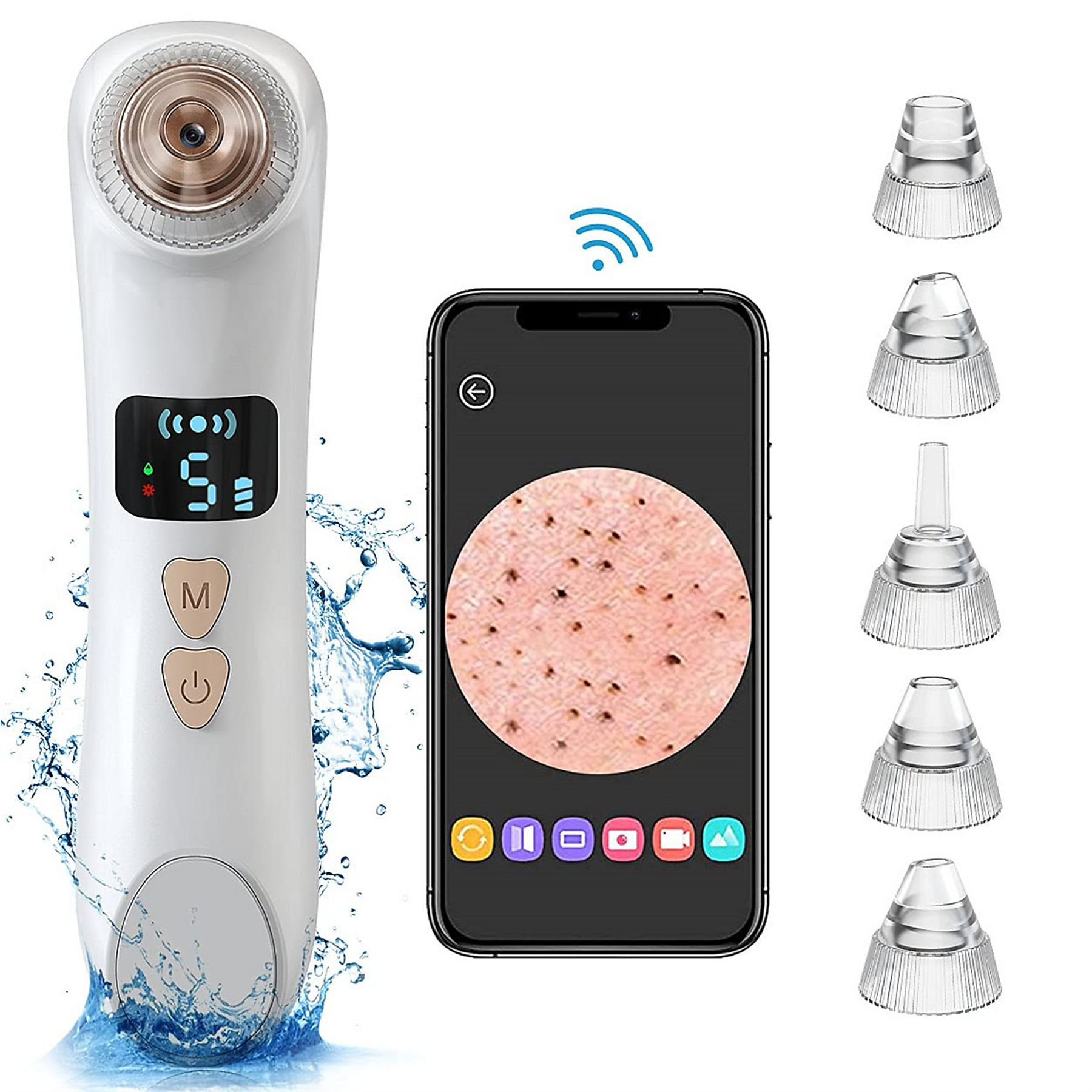 Hautreinigungsvorrichtung mit Telefon, das Haut zeigt, und Zubehör auf weißem Hintergrund.