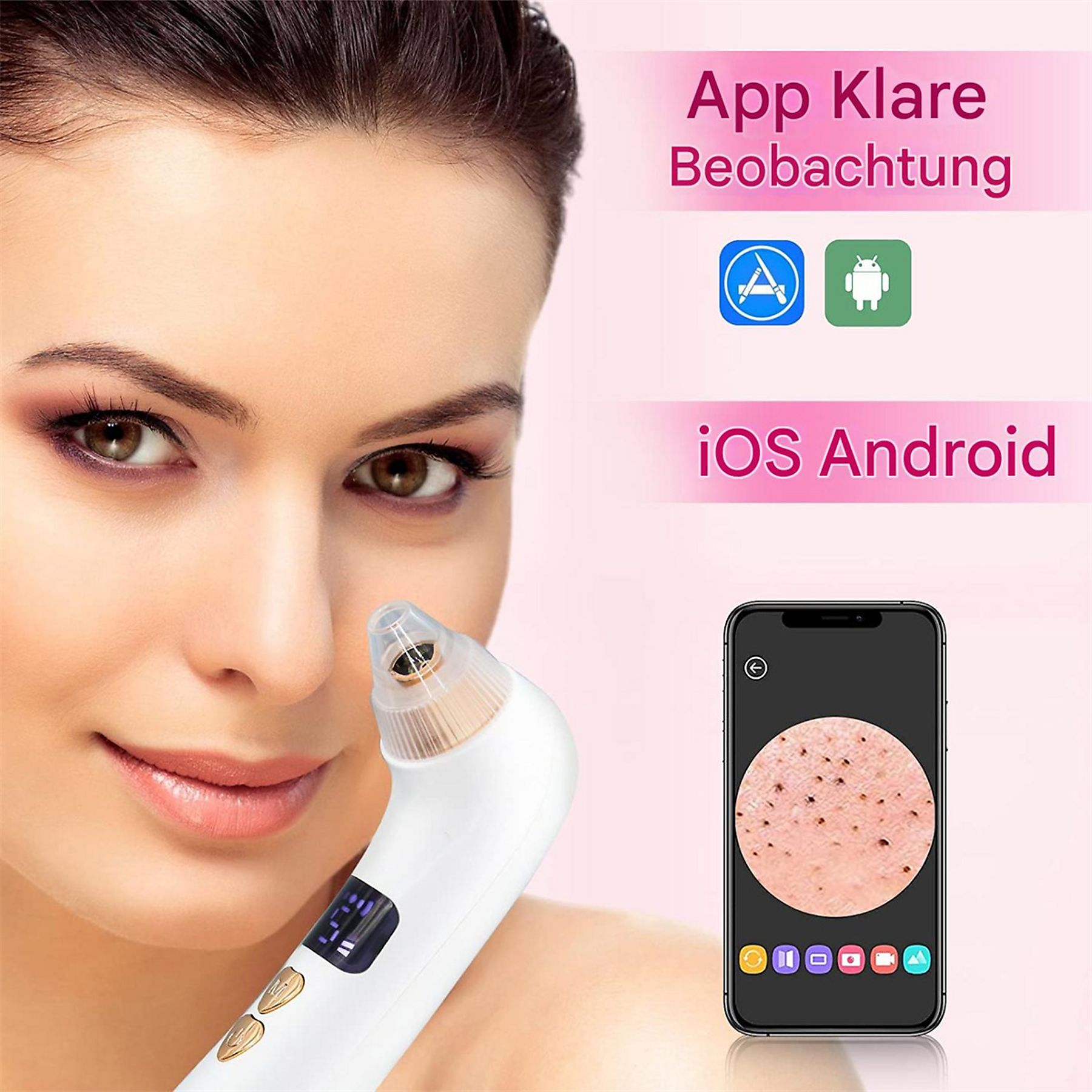 Frau mit Hautreinigungsgerät und Telefon mit Haut-Nahaufnahme, rosa Hintergrund.