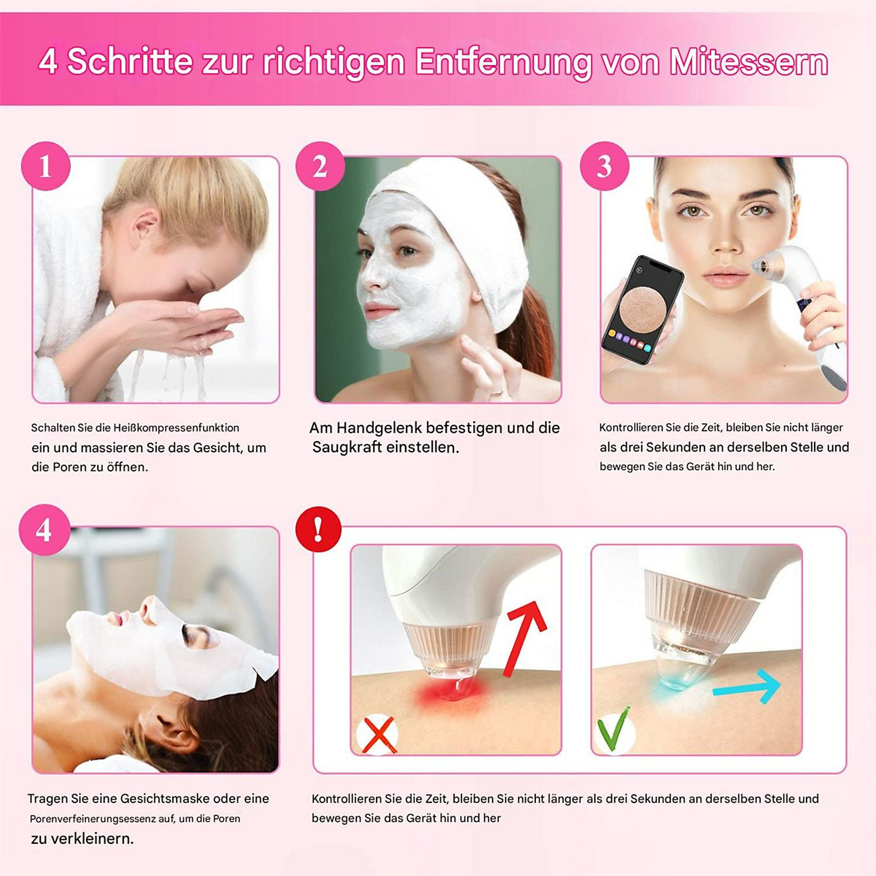Eine vierstufige Anleitung zur Entfernung von Mitessern, mit Bildern und Anweisungen.