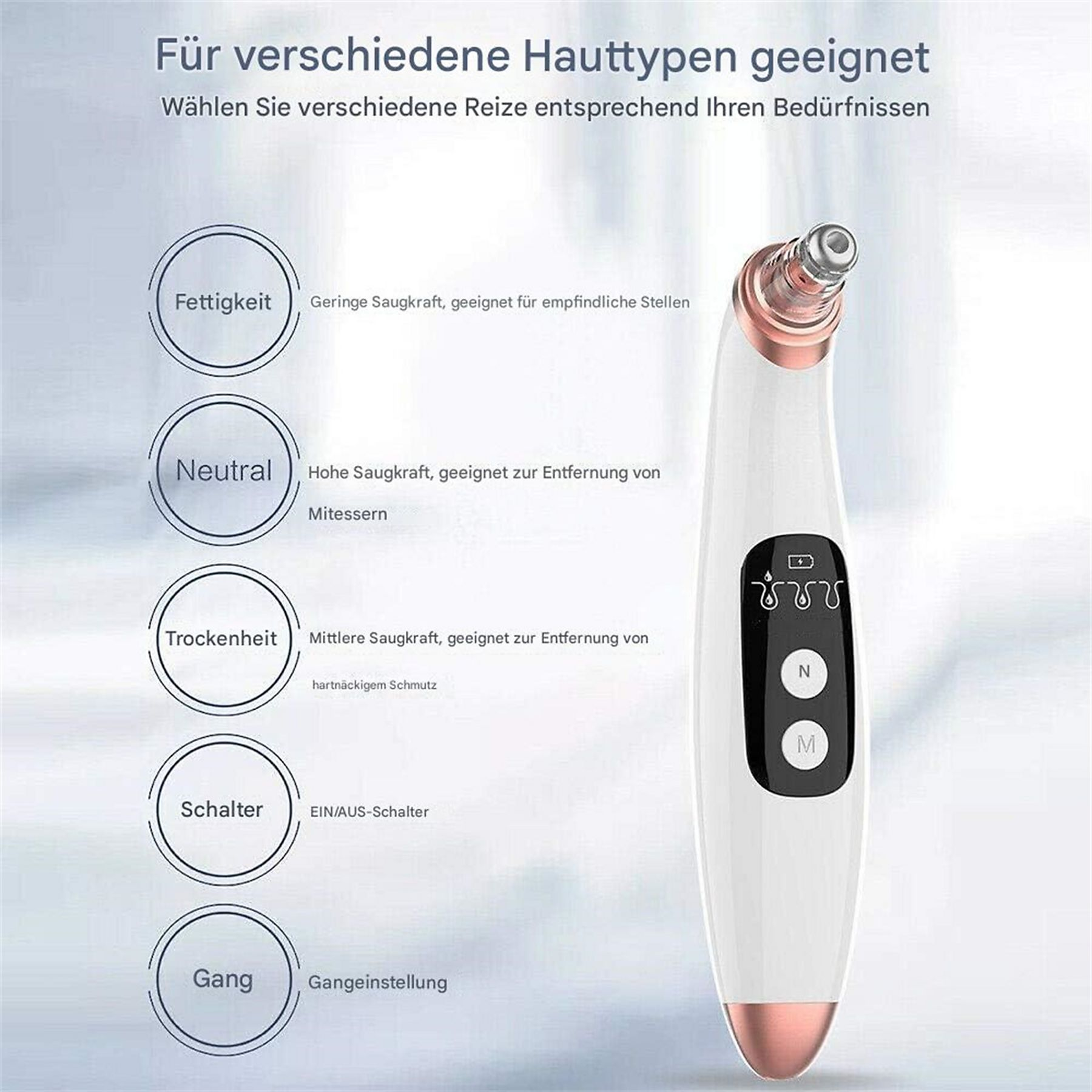 Ein Gesichtsporenreiniger mit verschiedenen Einstellungen und beschrifteten Funktionen.