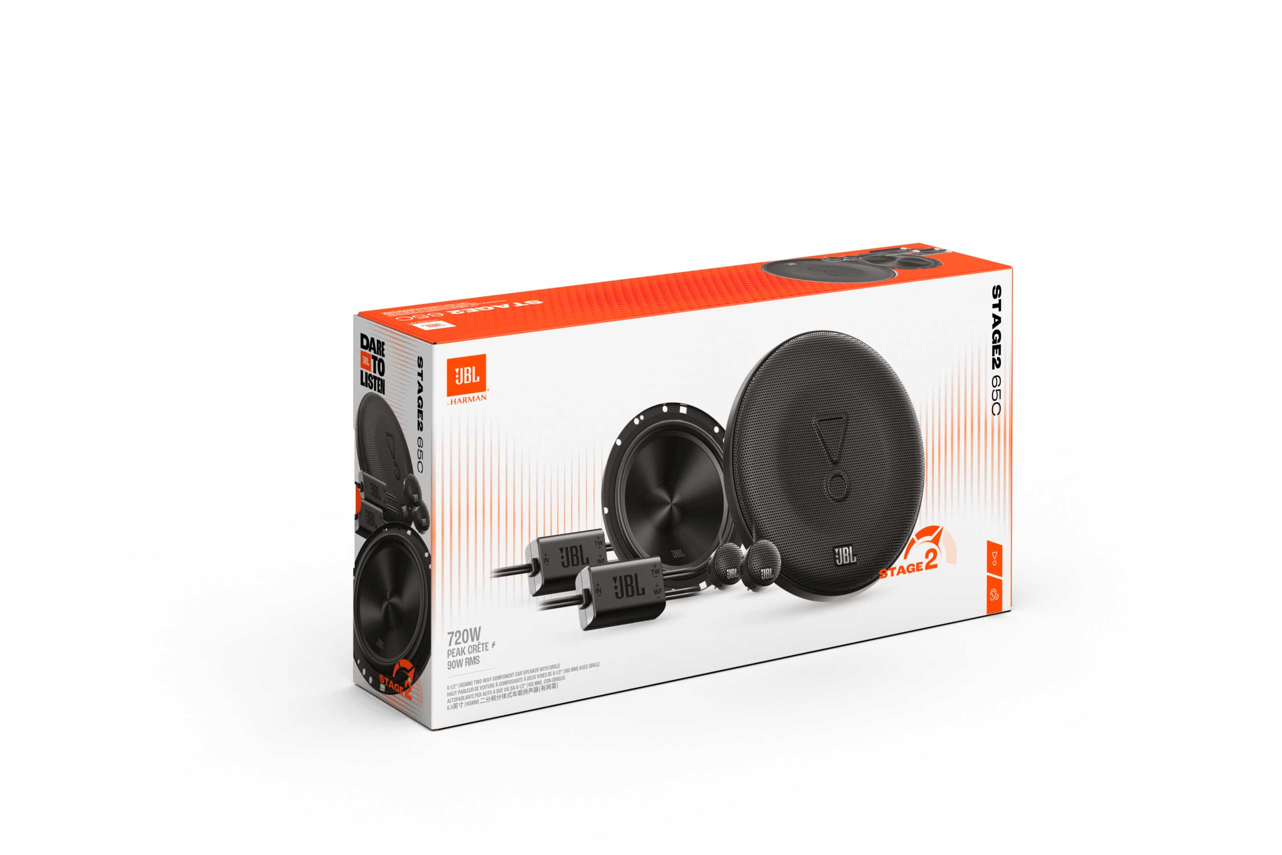 Lautsprecherbox mit Lautsprechern. Die Box ist weiß und hat ein JBL-Logo.