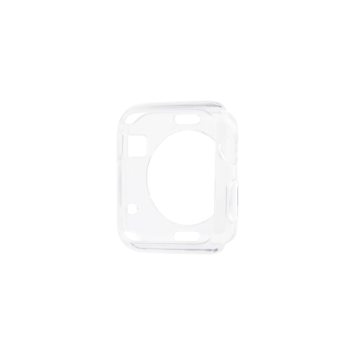 Una funda transparente y clara para Apple Watch, con recortes para la pantalla y botones.