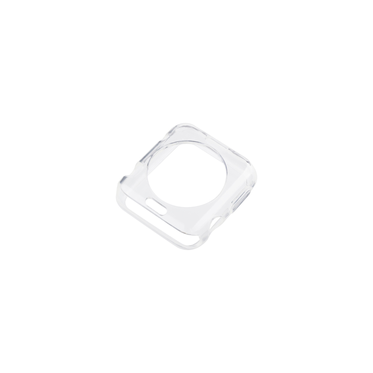 Una funda protectora transparente para un reloj inteligente, aislada sobre un fondo blanco.