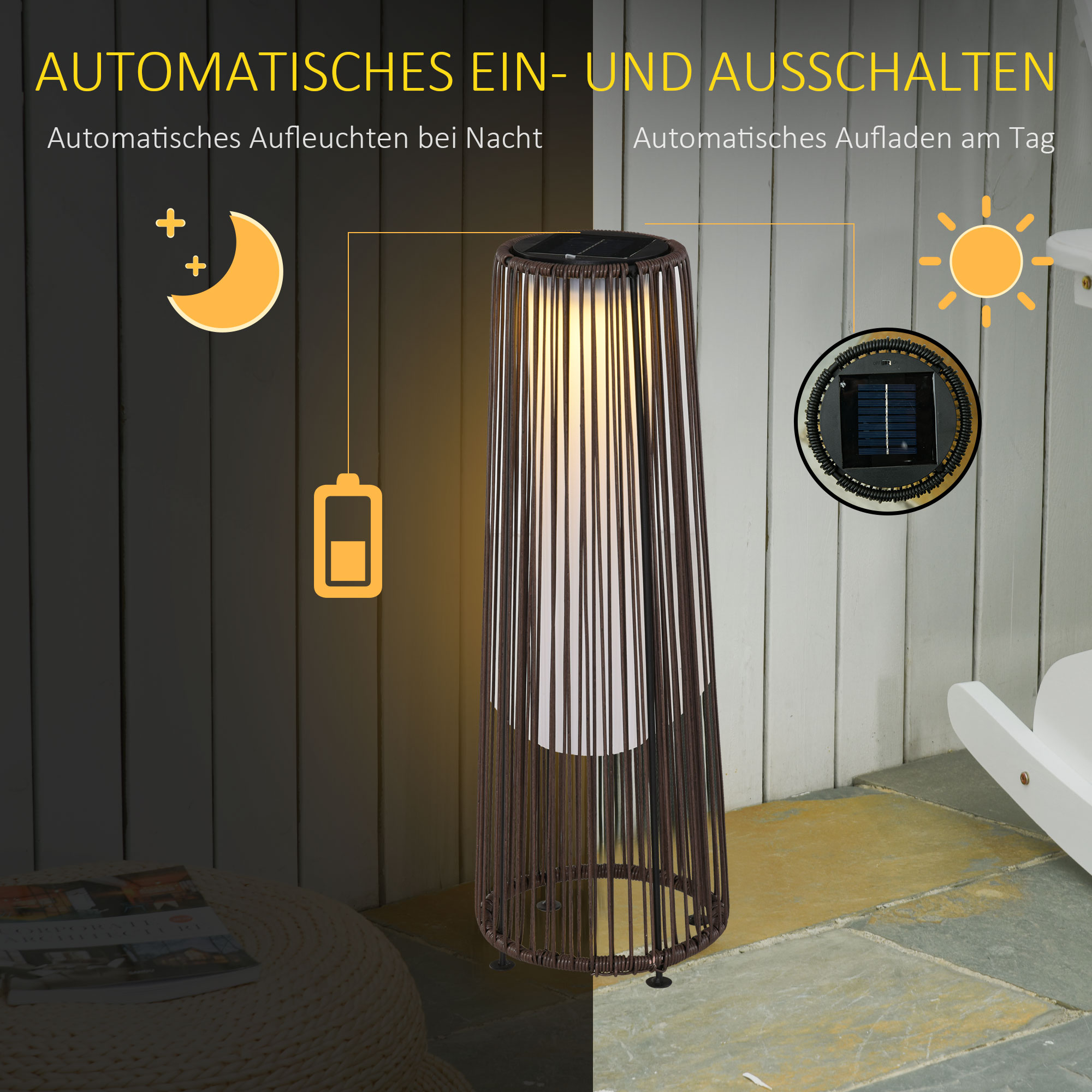 Solarleuchte mit automatischen Licht- und Ladefunktionen. Braunes, gewebtes Design und weißes Licht.