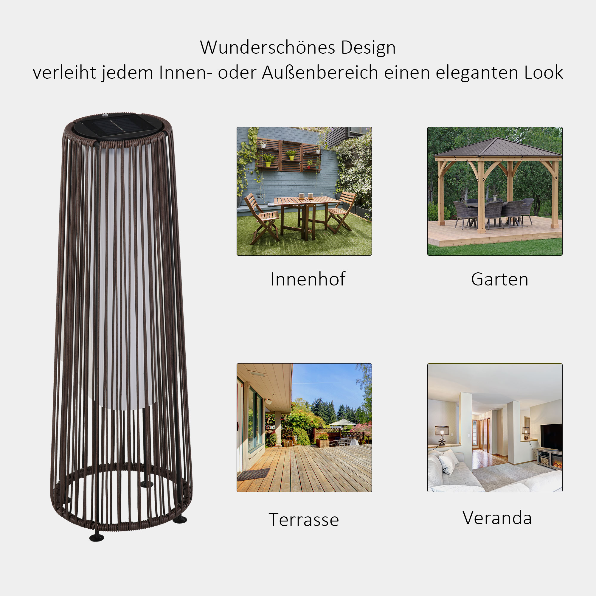 Eine hohe braune Lampe mit leuchtendem Licht. Zeigt Beispiele für Garten, Veranda, Terrasse und Innenausstattung.