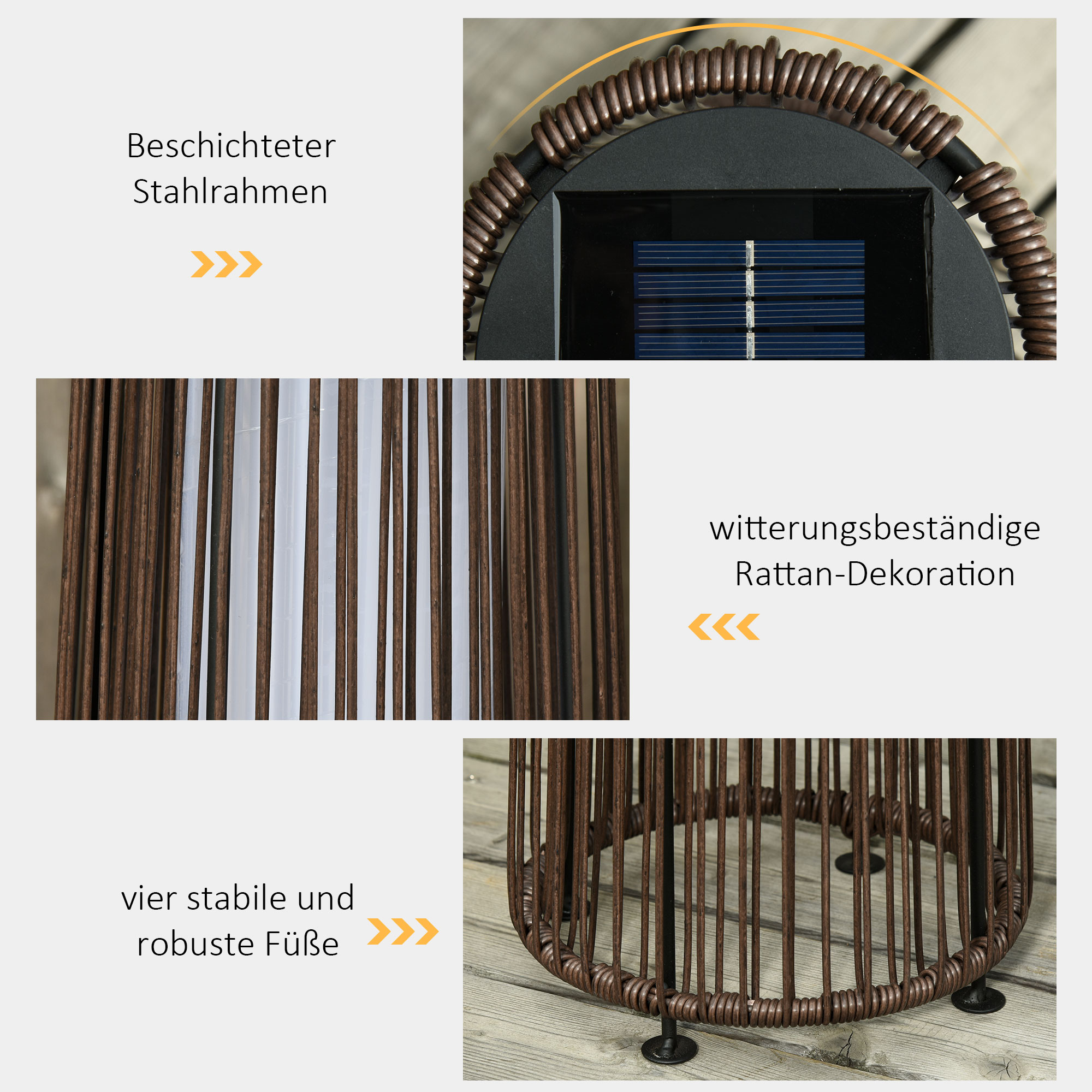 Solarbetriebene Außenleuchte mit brauner Rattan-Dekoration und schwarzen Füßen.