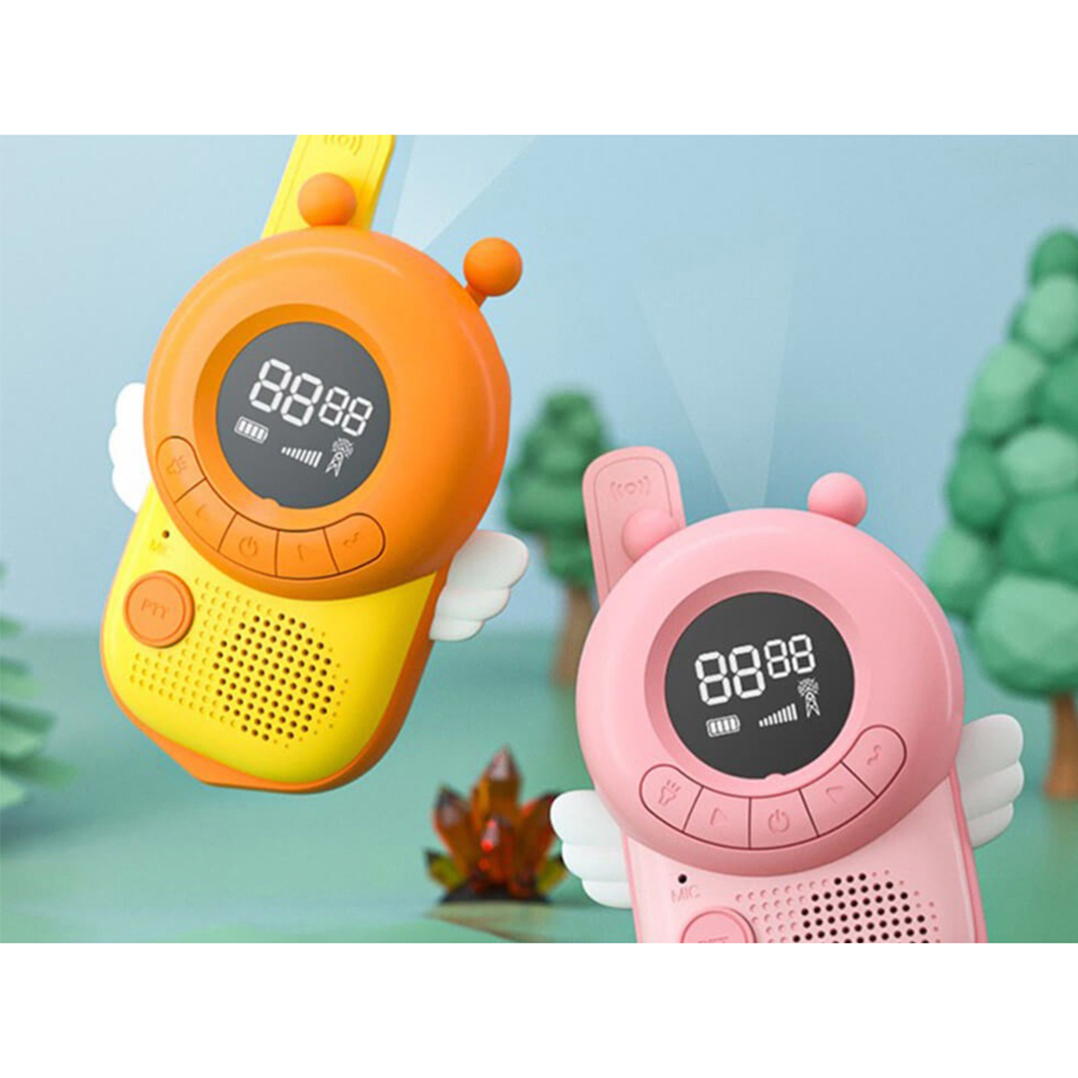Zwei Walkie-Talkies, orange und rosa. Jedes hat einen Bildschirm mit '8888' und kleine Flügel.