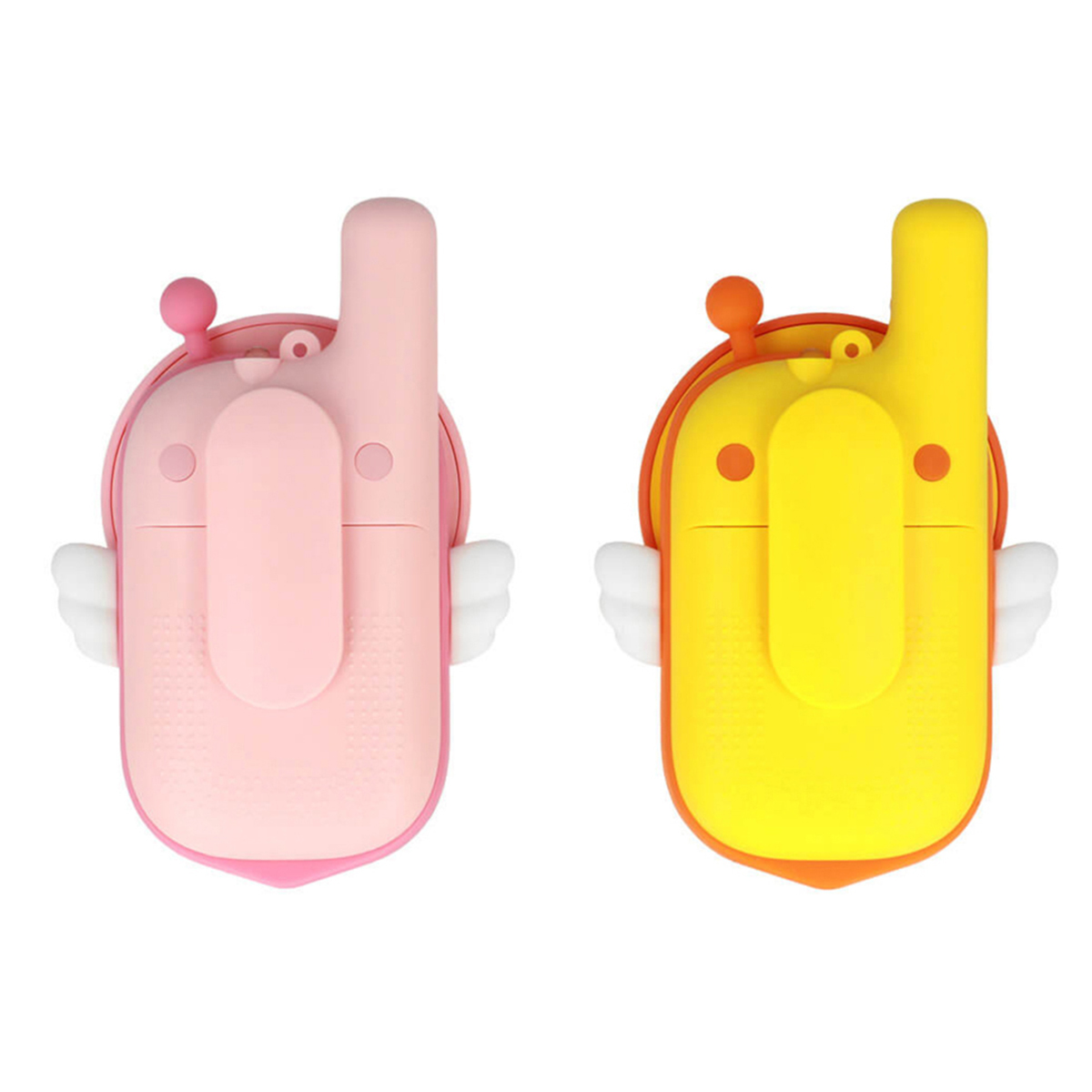 Zwei rosa und gelbe Walkie-Talkies mit Flügeln. Sie haben Antennen und Knöpfe.