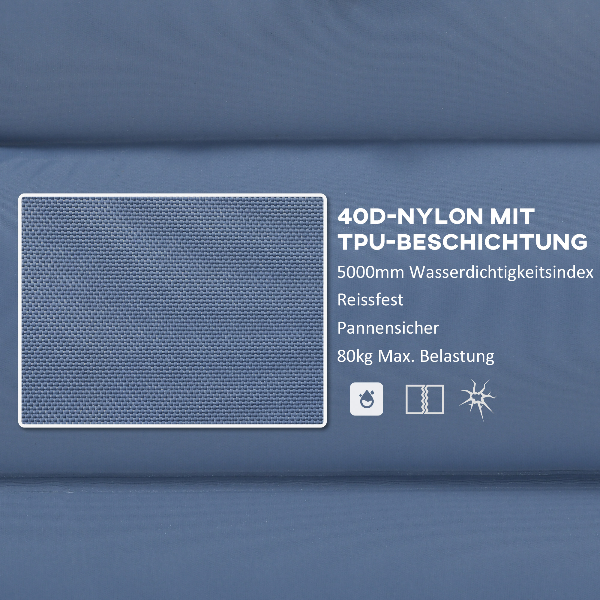 Blauer Nylonstoff mit Text: 40D-NYLON MIT TPU-BESCHICHTUNG, 5000mm Wasserdichtigkeit, reißfest, 80kg max. Belastung.
