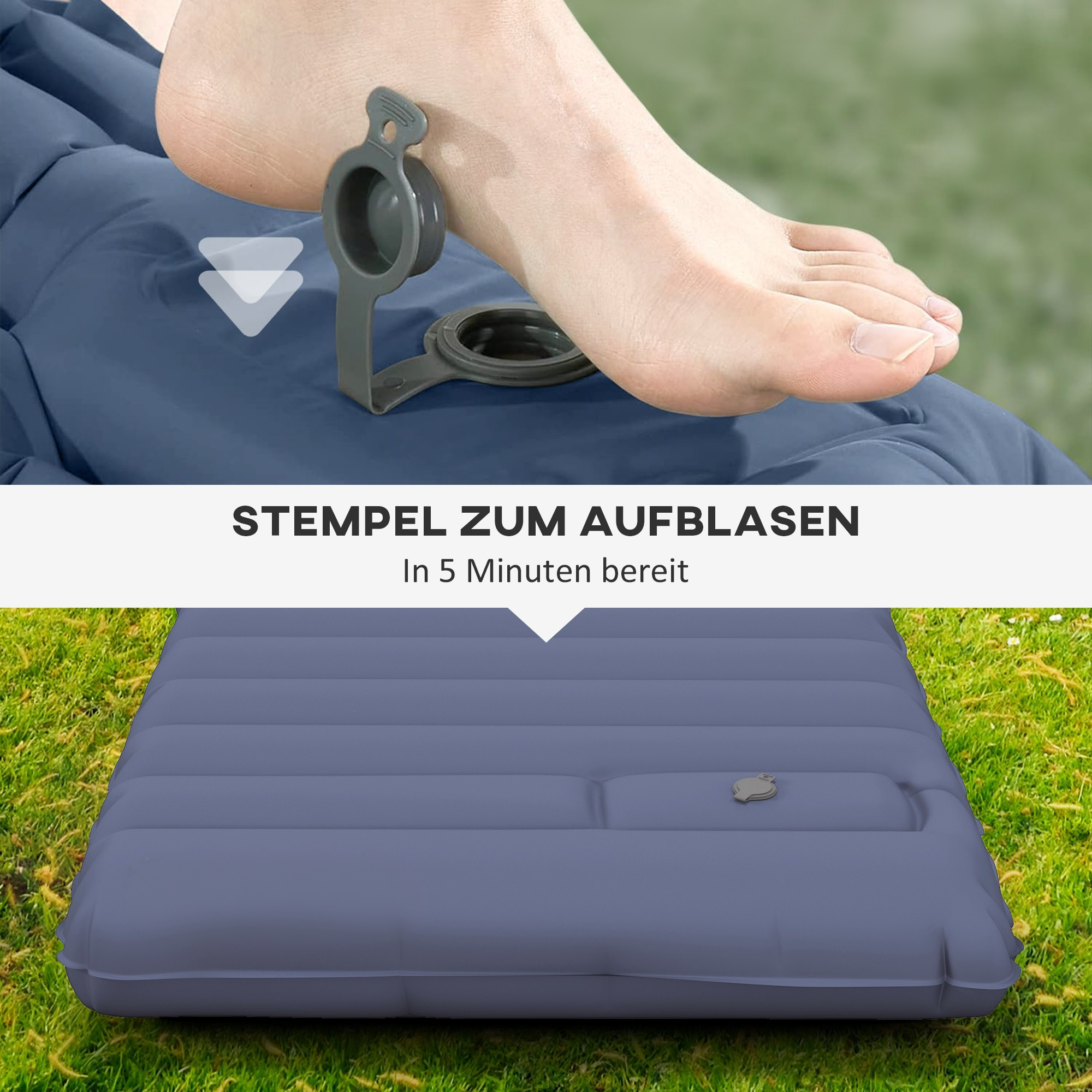 Ein Fuß verwendet eine Pumpe, um eine blaue Luftmatratze auf grünem Gras aufzupumpen. Text: 'Stempel zum Aufblasen in 5 Minuten'.