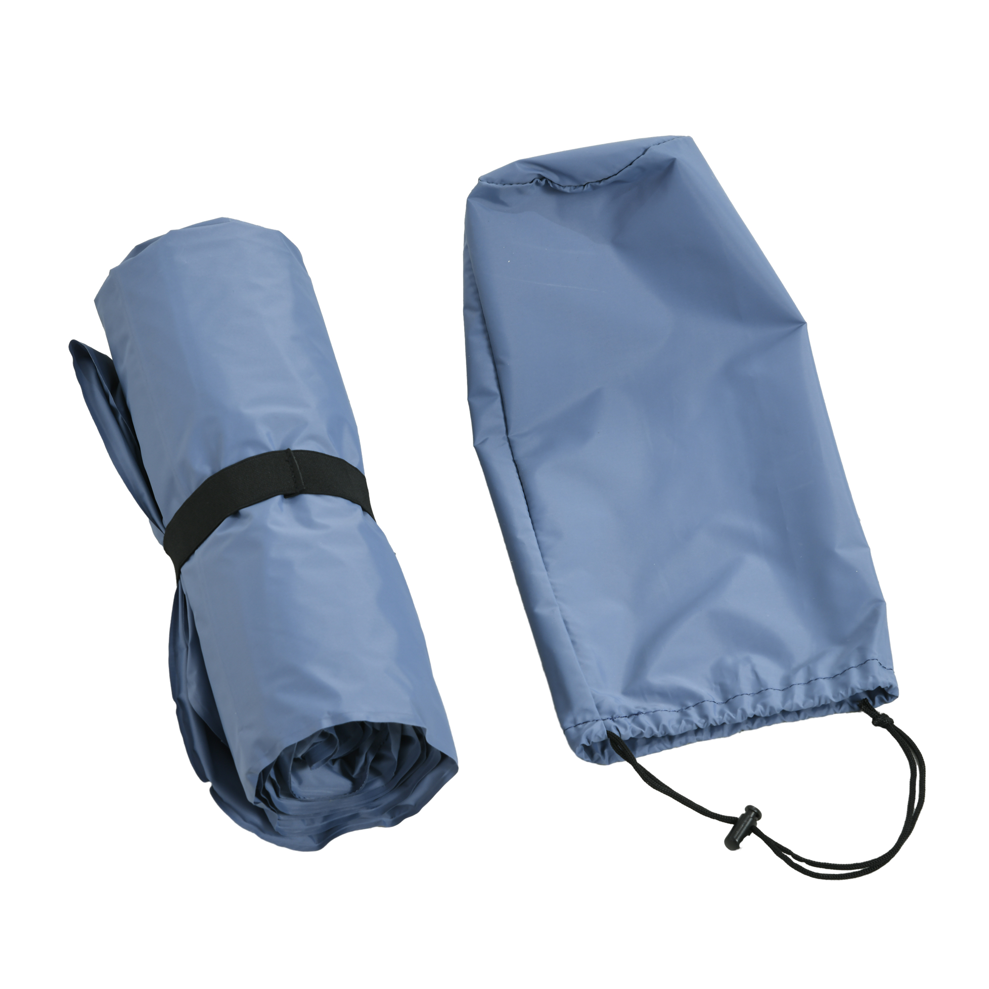 Gerollte blaue Matte und eine passende Kordelzugtasche.