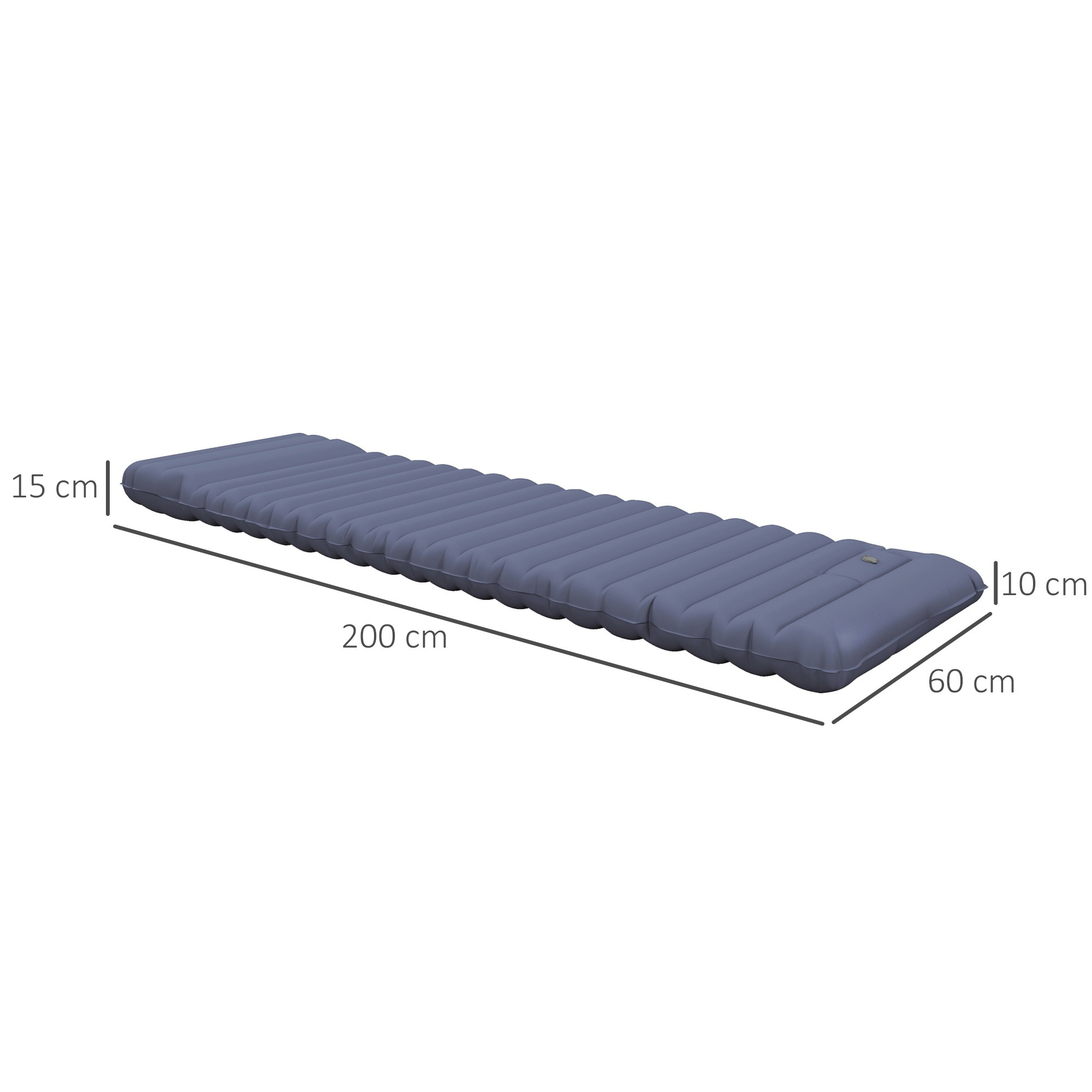 Blaue aufblasbare Schlafmatte mit Maßen: 200cm x 60cm, 15cm Höhe, 10cm Dicke.