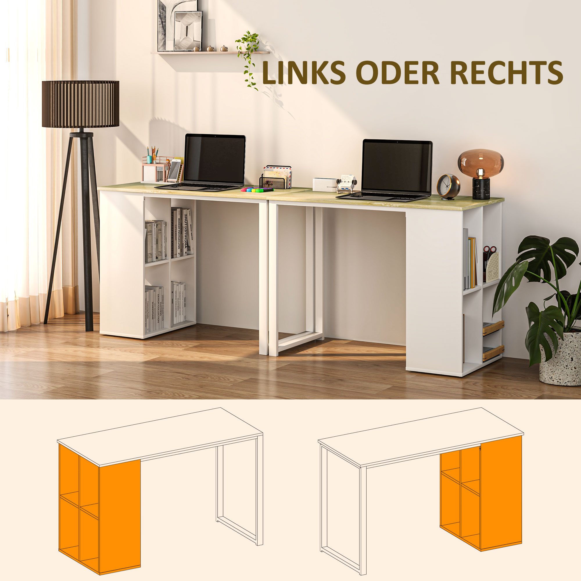 Zwei weiße Schreibtische nebeneinander mit orangefarbenen Seitenregalen, und eine Diagramm.