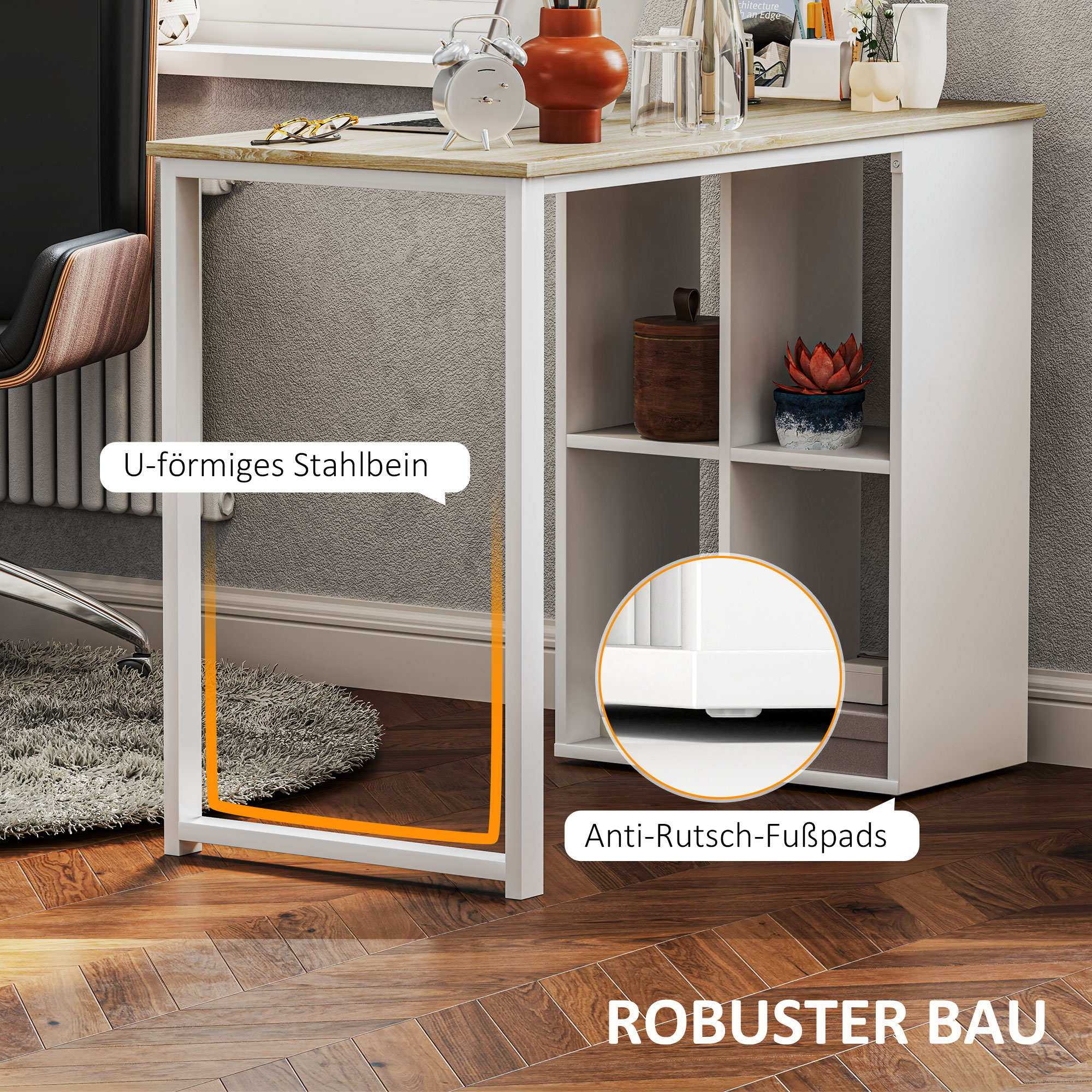 Weißer und hölzerner Schreibtisch mit weißen Schubladen. Er hat ein U-förmiges Stahlbein und Anti-Rutsch-Pads.