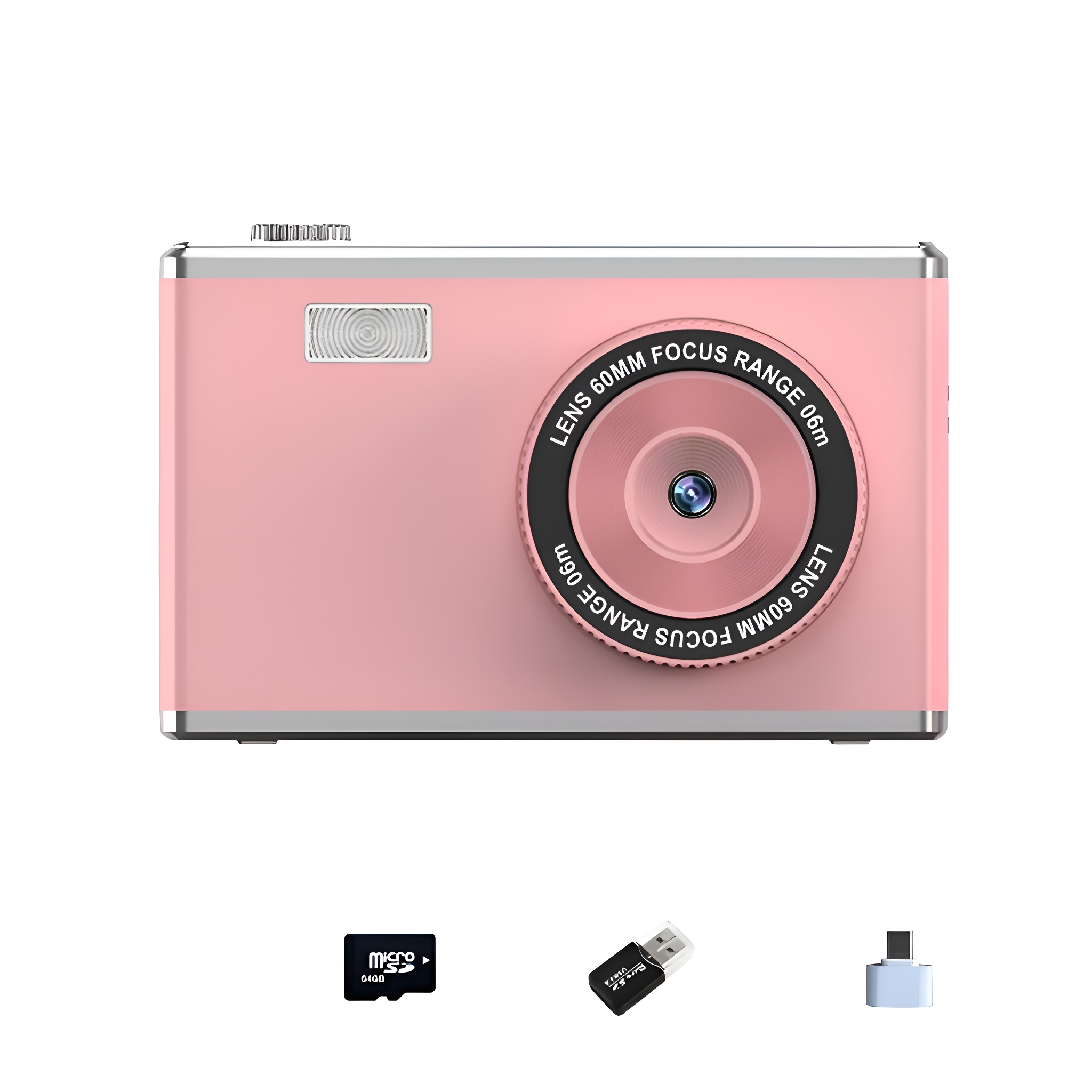 Rosa Digitalkamera mit schwarzem Objektiv und Zubehör: microSD-Karte und Adapter.