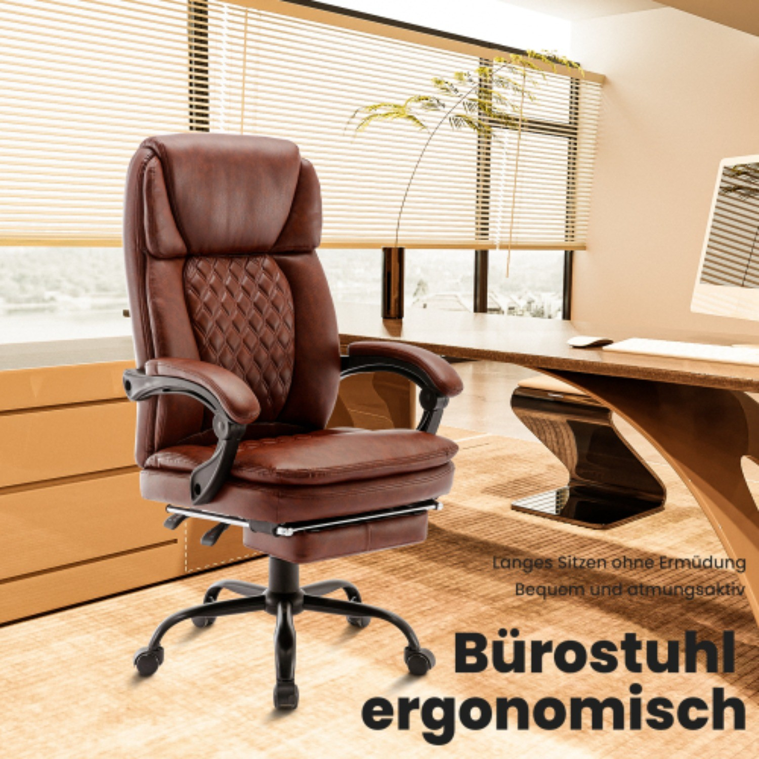 Brauner ergonomischer Bürostuhl. Stuhl hat ein Rautenmuster und eine Kopfstütze.
