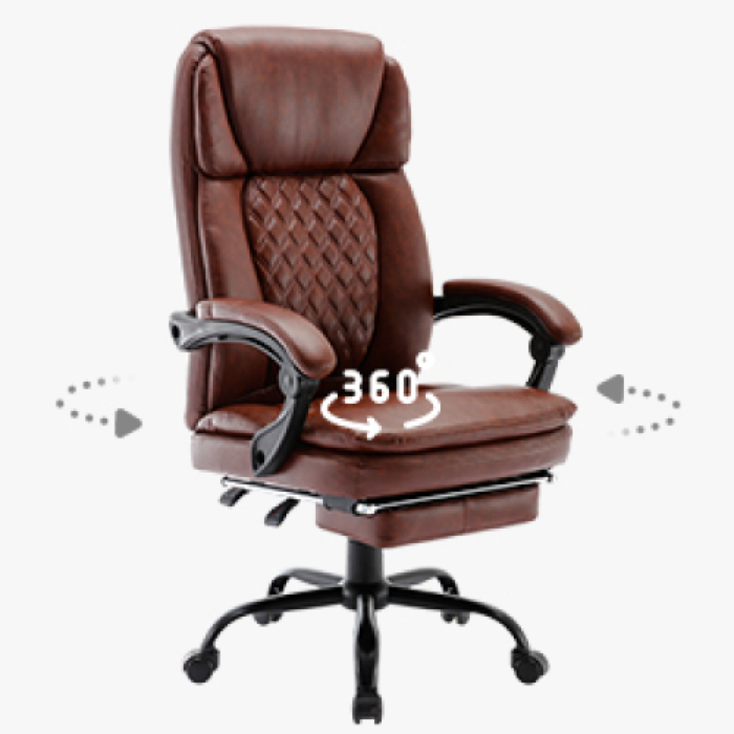 Brauner Leder-Bürostuhl. Mit Rautenmuster, Armlehnen und Untergestell mit Rollen. Weißer Hintergrund.