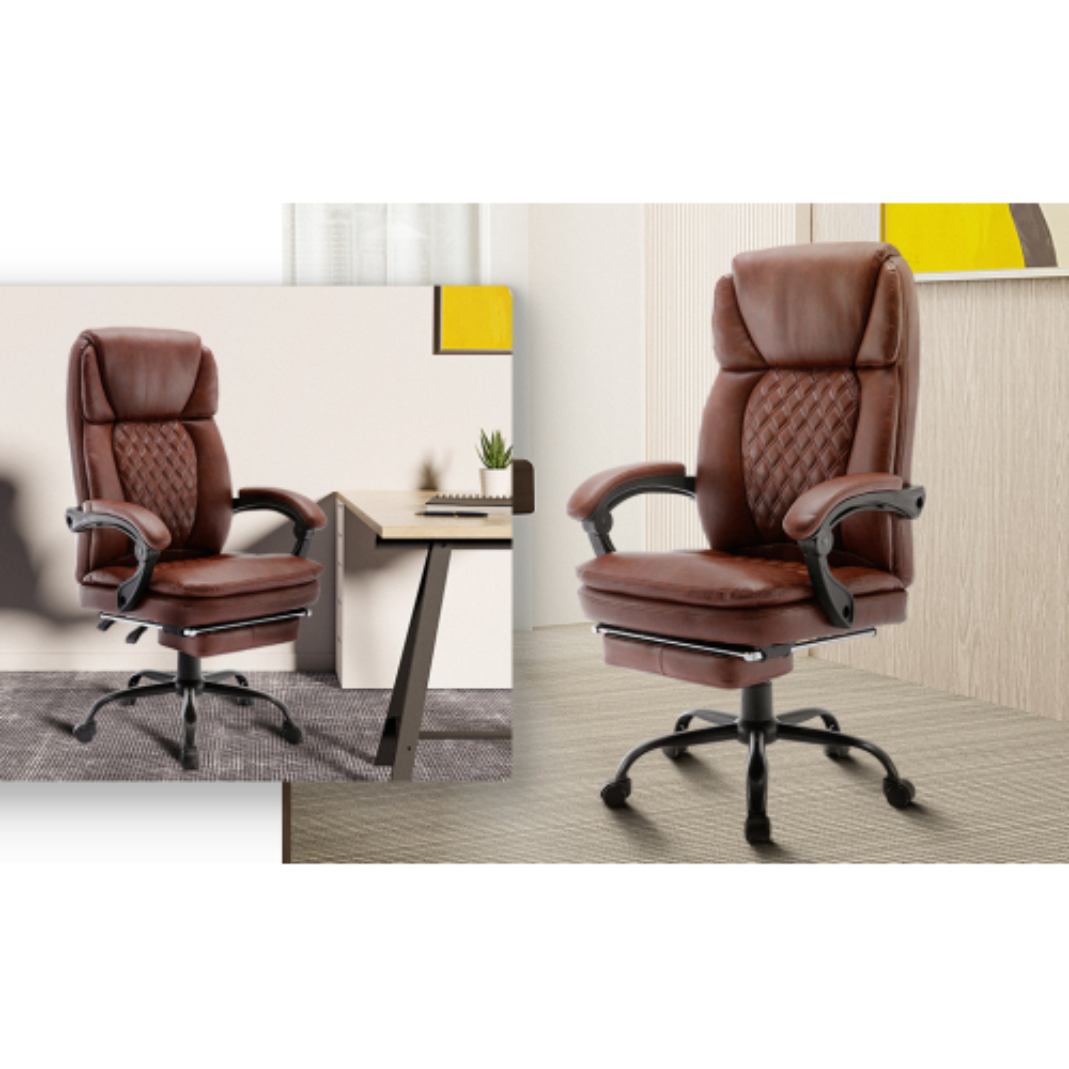 Zwei braune Leder-Bürostühle in einem Raum, einige Hintergrundelemente.