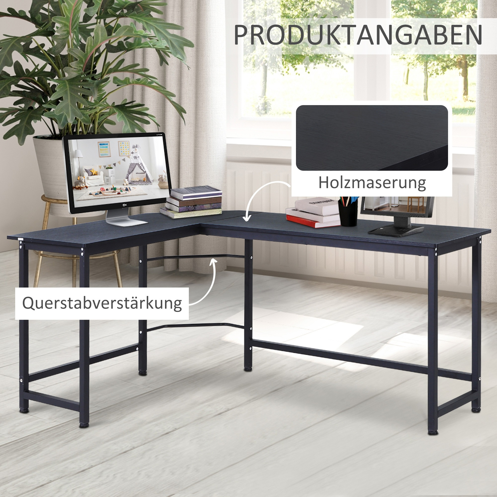 L-förmiger schwarzer Schreibtisch mit Monitor. Pflanze, Bücher und Fenster im Hintergrund.