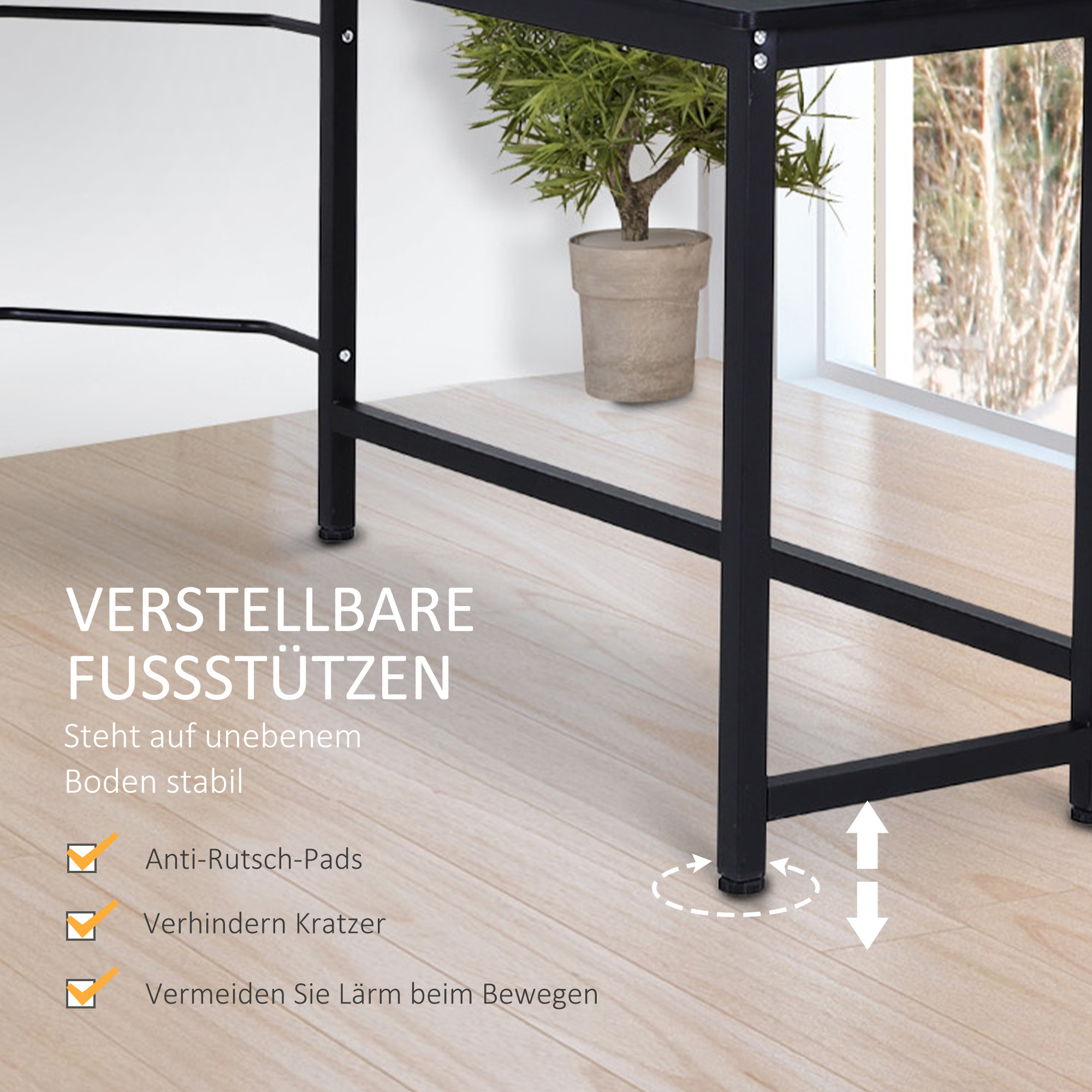 Schwarzer Metallrahmen-Tisch mit verstellbaren Füßen und Anti-Rutsch-Pads.