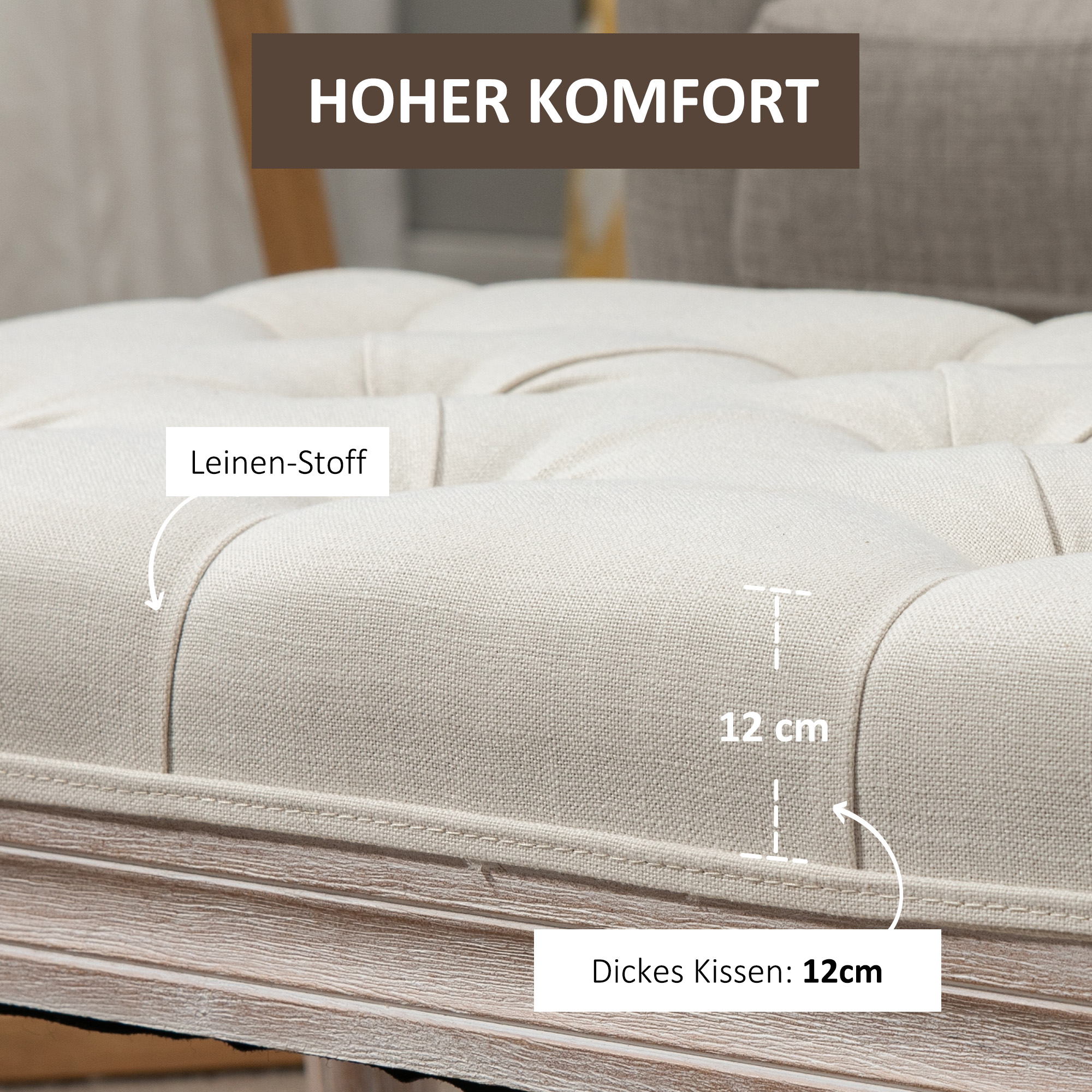 Nahaufnahme eines beige gepolsterten Kissens mit einem 12cm-Etikett.