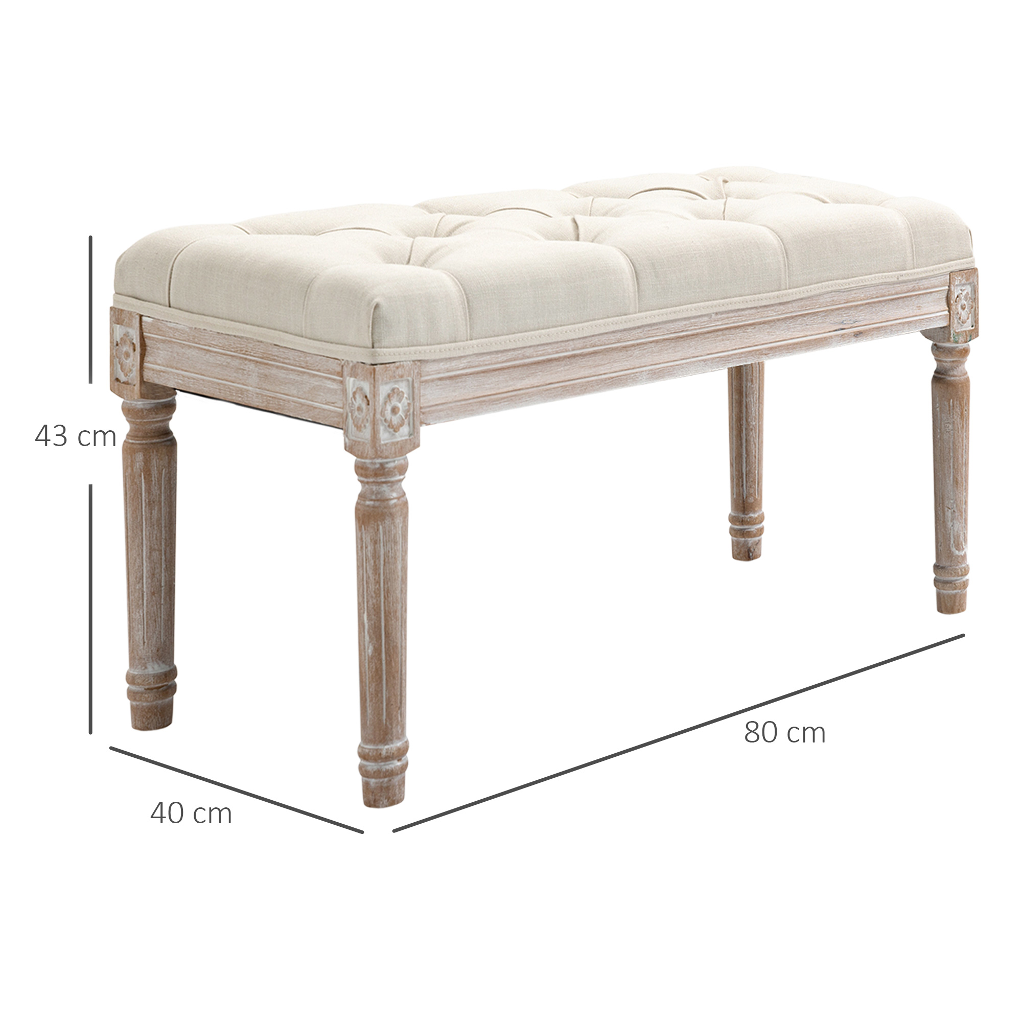 Beige gepolsterte Bank mit Holzbeinen, 43 cm hoch, 80 cm lang.