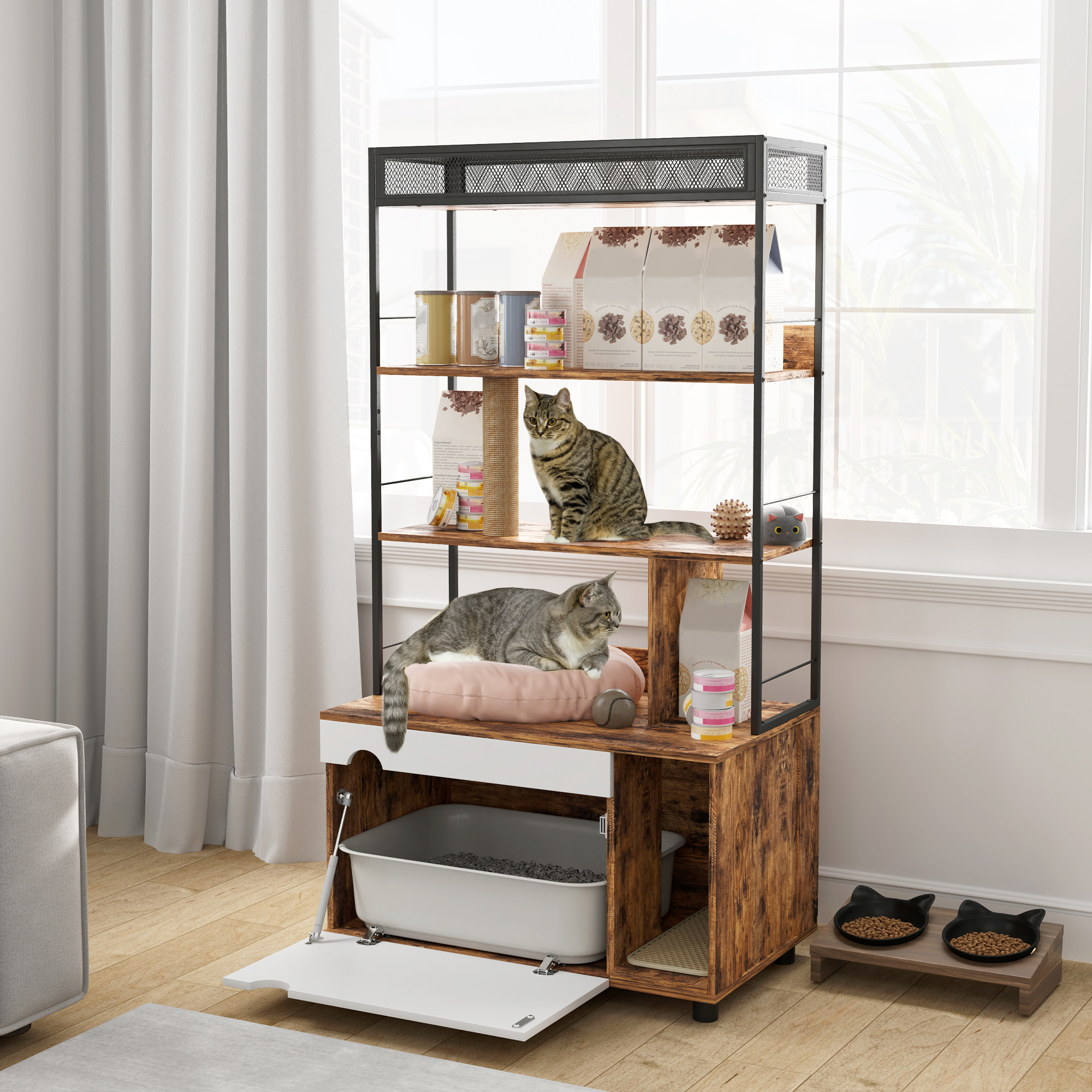 Katzenmöbel mit zwei Katzen, einer Katzentoilette und Futternäpfen. Holzregale und -struktur.