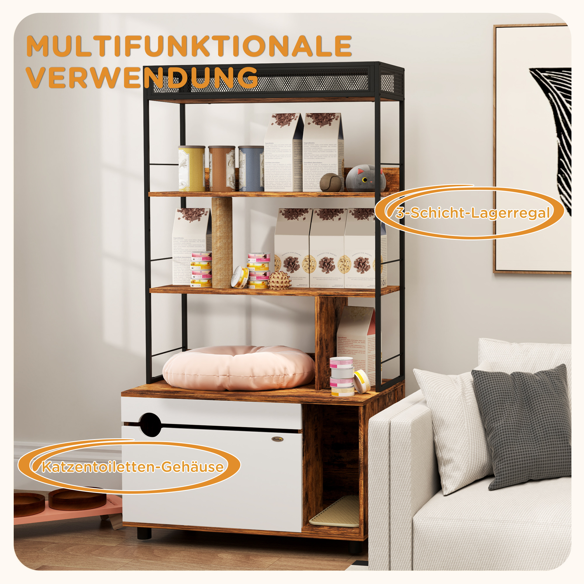 Ein multifunktionales Regal mit Stauraum. Es hat Regale mit Gegenständen. Ein Katzenbett und eine Katzentoilette sind sichtbar.