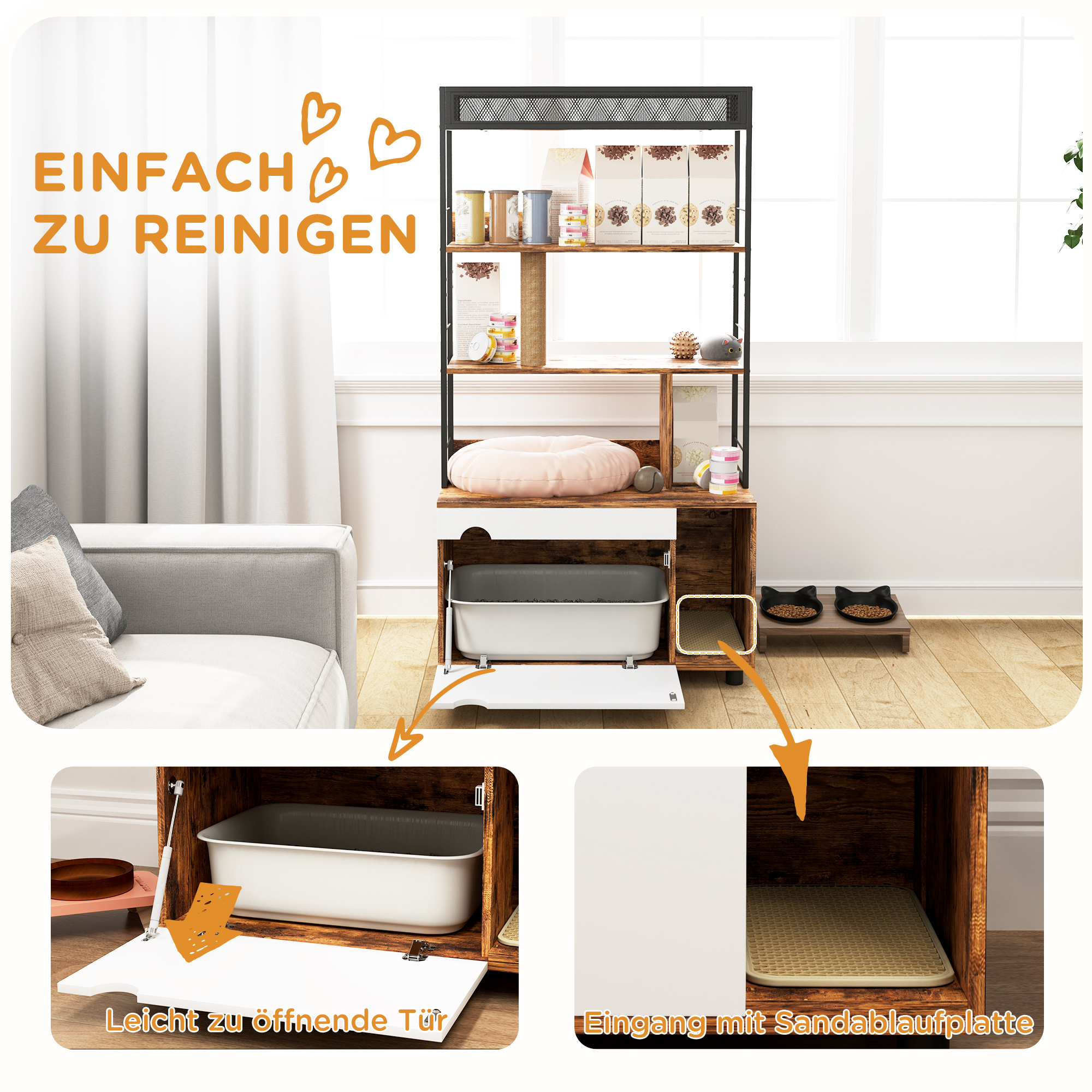 Katzenmöbel mit Katzentoilette, Kratzbaum und Futternäpfen. Leicht zu reinigender Text.
