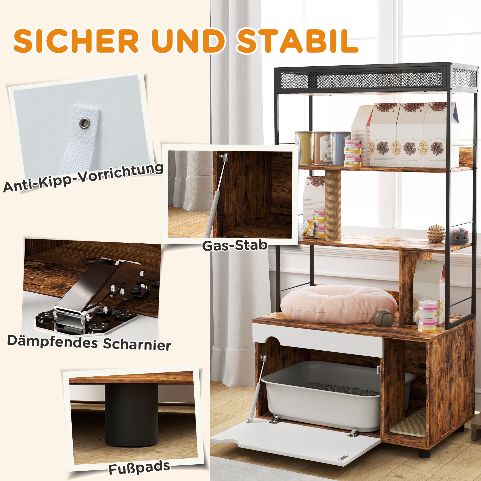 Ein brauner Schrank mit mehreren Fächern, darunter eine Katzentoilette und Regale.