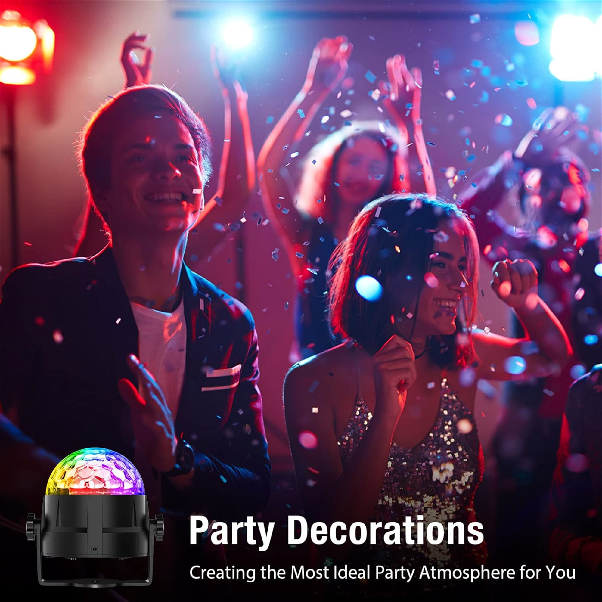 Leute tanzen auf einer Party mit Lichtern und Konfetti. Eine Discokugel ist im Vordergrund.