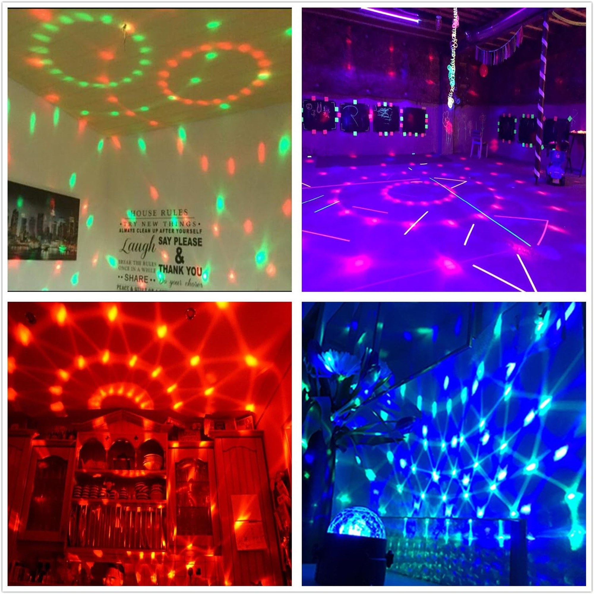 Vier Bilder, die eine Diskolicht-Anzeige in einem Raum zeigen. Rote und grüne Lichter werden auf Wände und Decke projiziert.