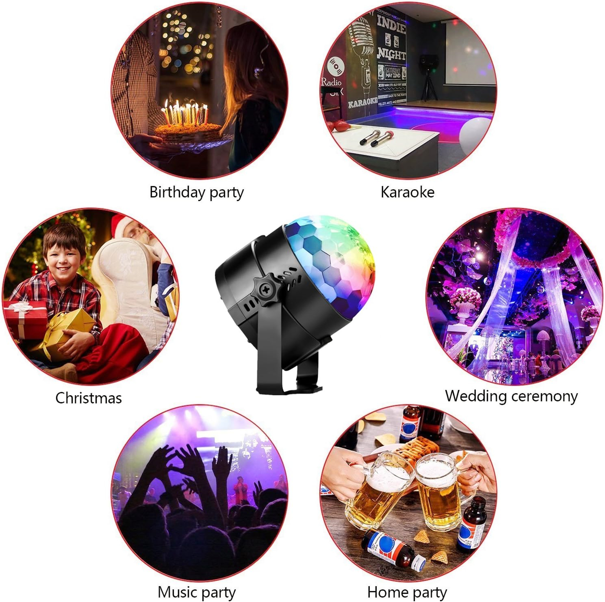 Eine Discokugel umgeben von Bildern von Partys und Feiern.