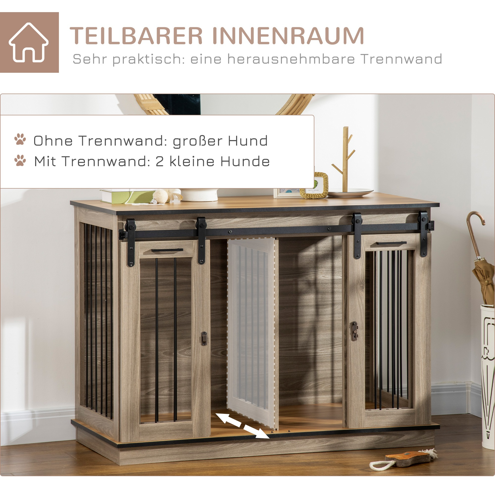 Hundebox aus Holz mit zwei Türen, schwarzen Stangen und einem herausnehmbaren Teiler.