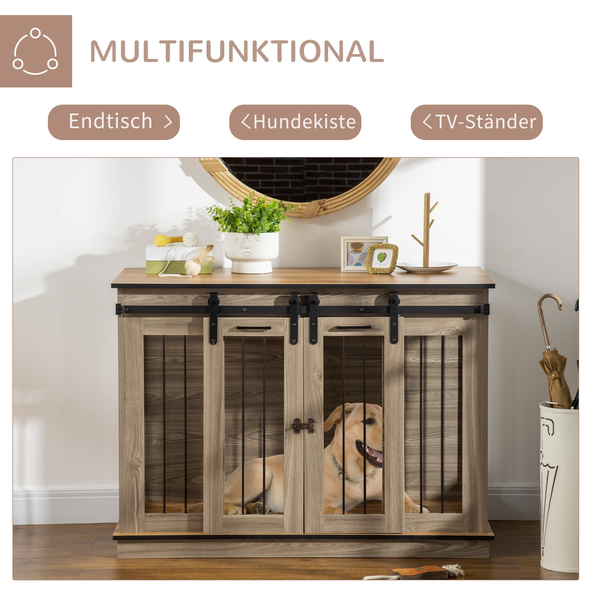 Hundebox/Endtisch aus Holz mit Hund. Es hat schwarze Metallstäbe und eine Holzplatte.