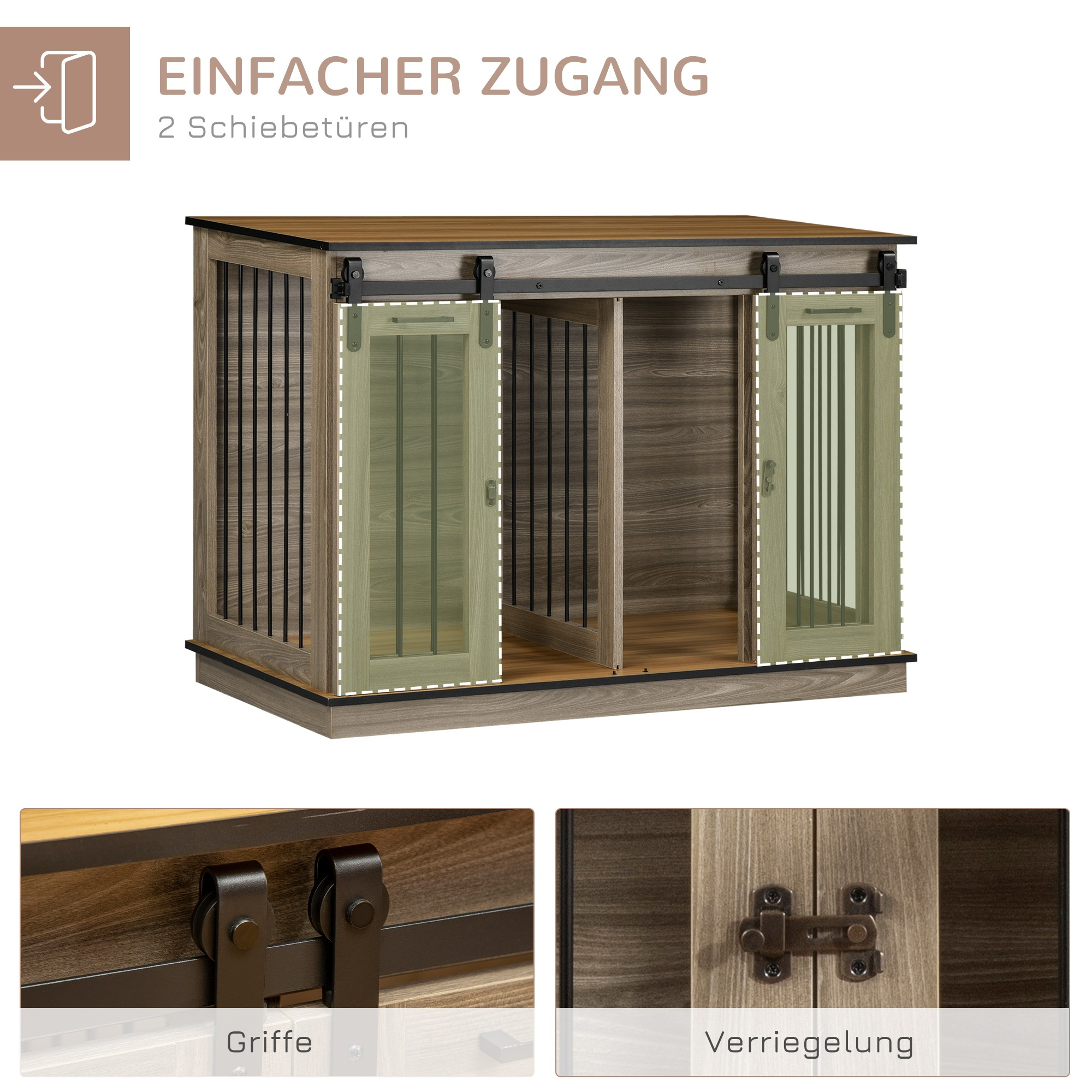 Hundebox aus Holz mit Schiebetüren und Metallstäben. Nahaufnahmen von Griff und Verschluss.