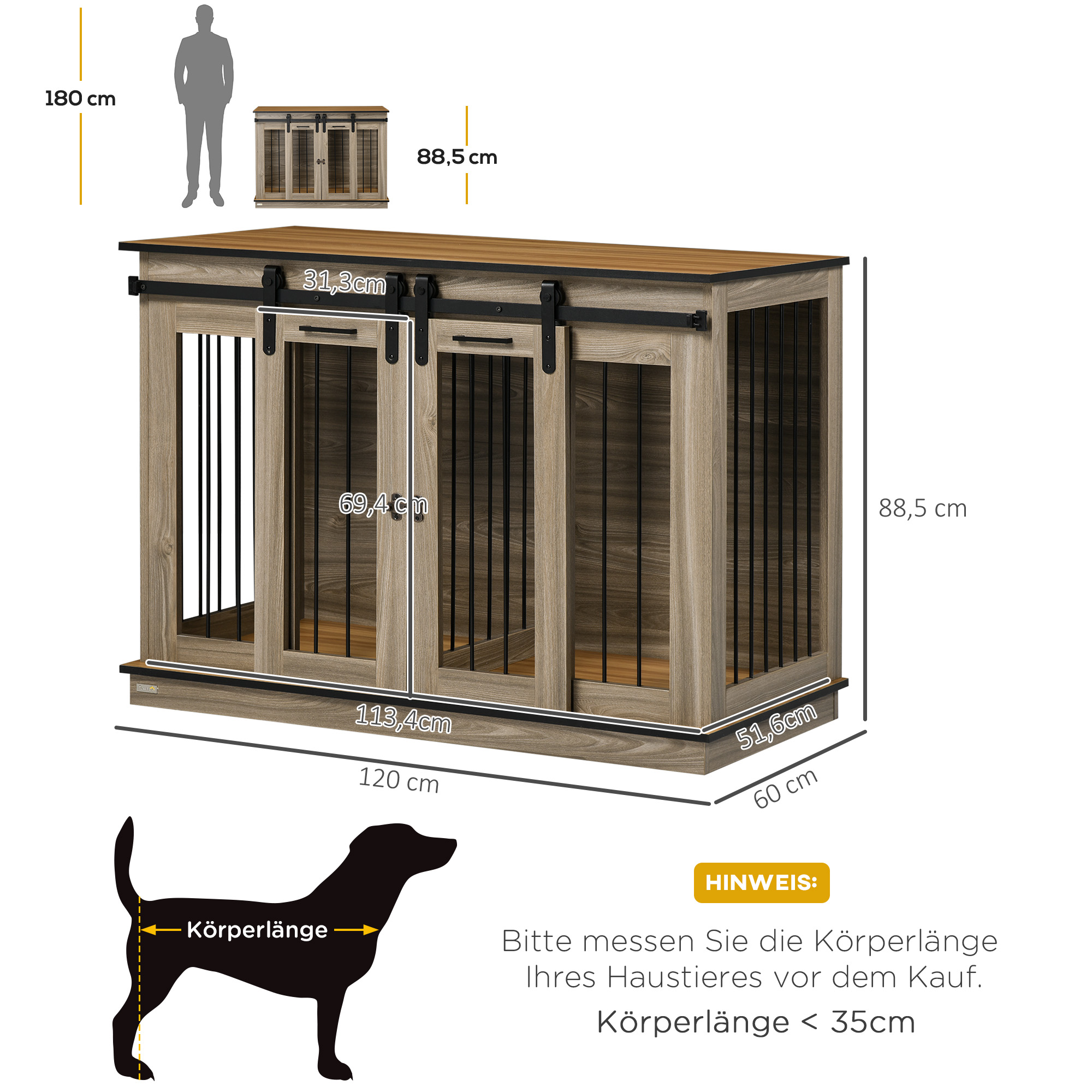 Hundekäfig mit Maßen. Eine Hunde-Silhouette ist vorhanden. Abmessungen sind ebenfalls aufgeführt.