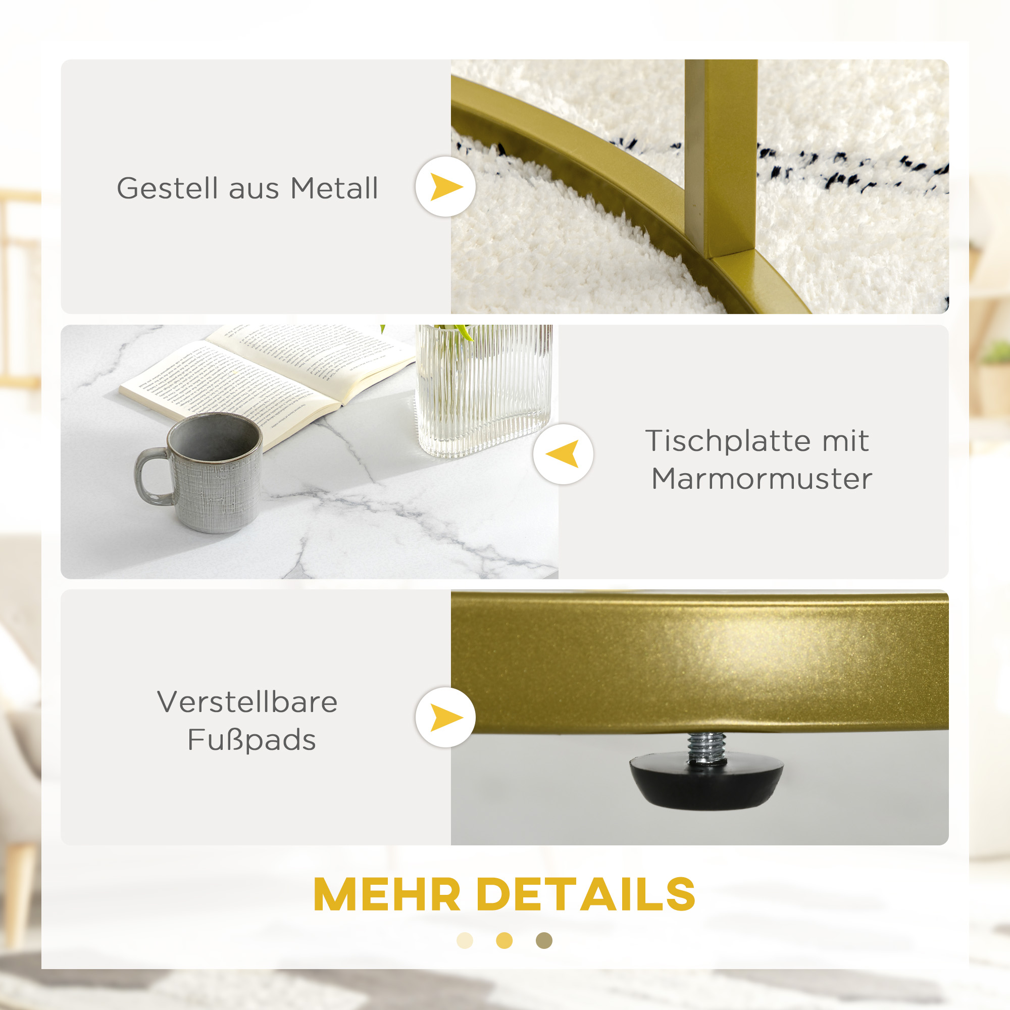 Details eines Tisches mit goldenen Metallbeinen, Marmorplatte und verstellbaren Pads.