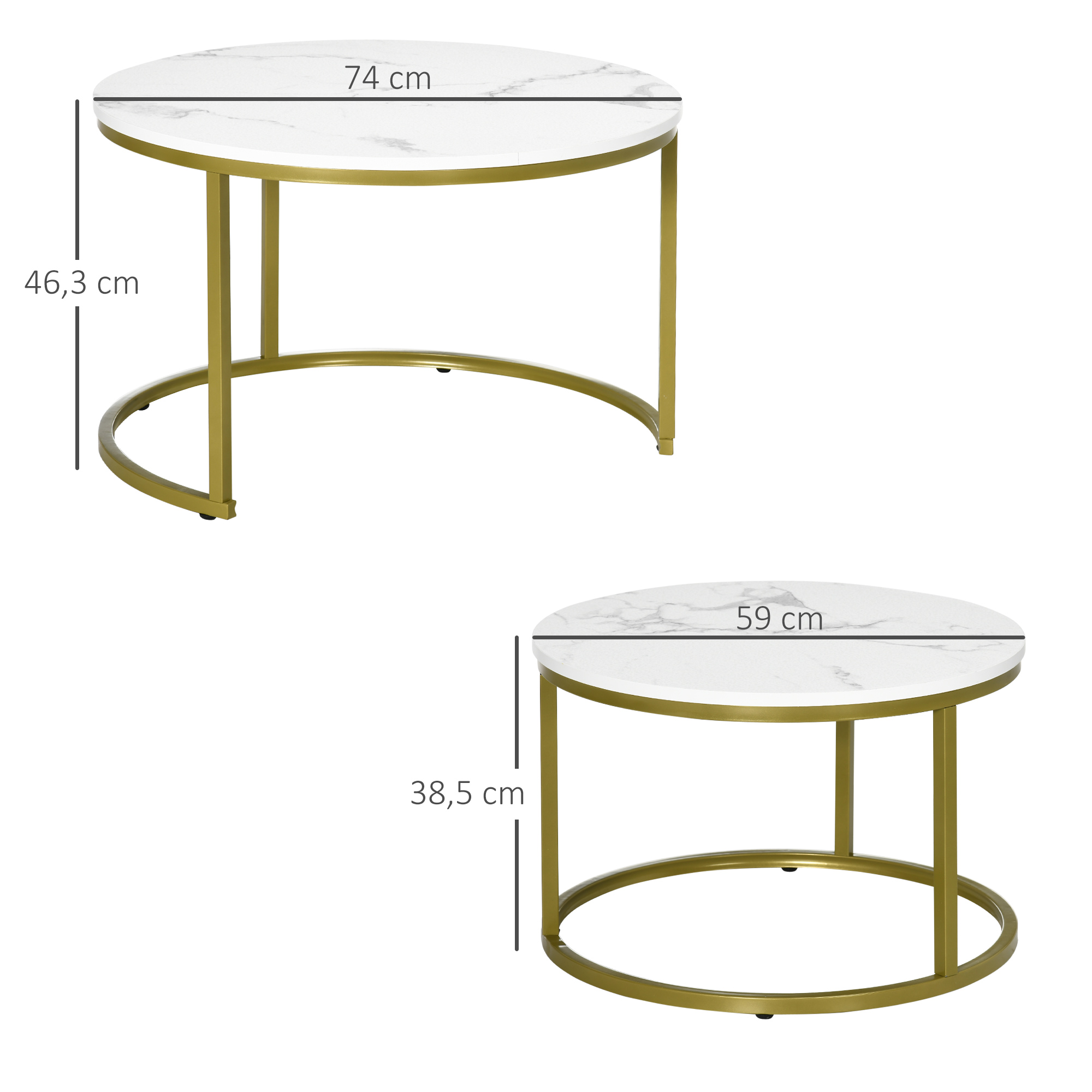 Zwei runde Couchtische mit weißen marmorartigen Oberflächen und goldenen Beinen. Abmessungen sichtbar.