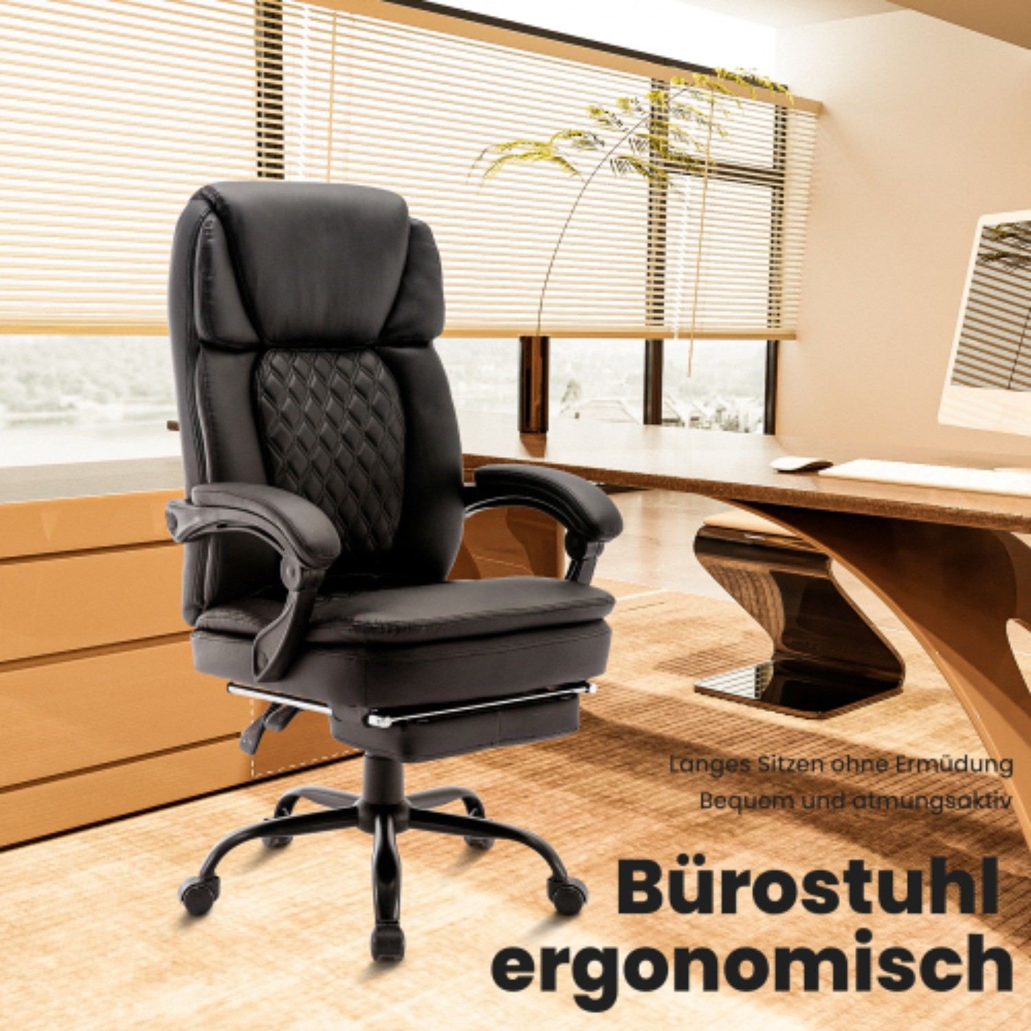 Schwarzer ergonomischer Bürostuhl. Er hat eine gesteppte Kopfstütze und Armlehnen. Der Stuhl steht auf Rollen.
