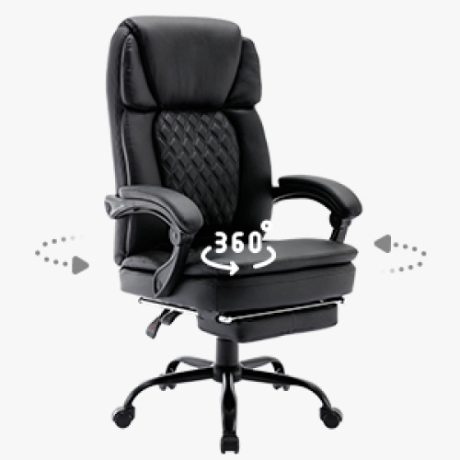Schwarzer ergonomischer Bürostuhl. Stuhl hat ein Rautenmuster und eine Kopfstütze.
