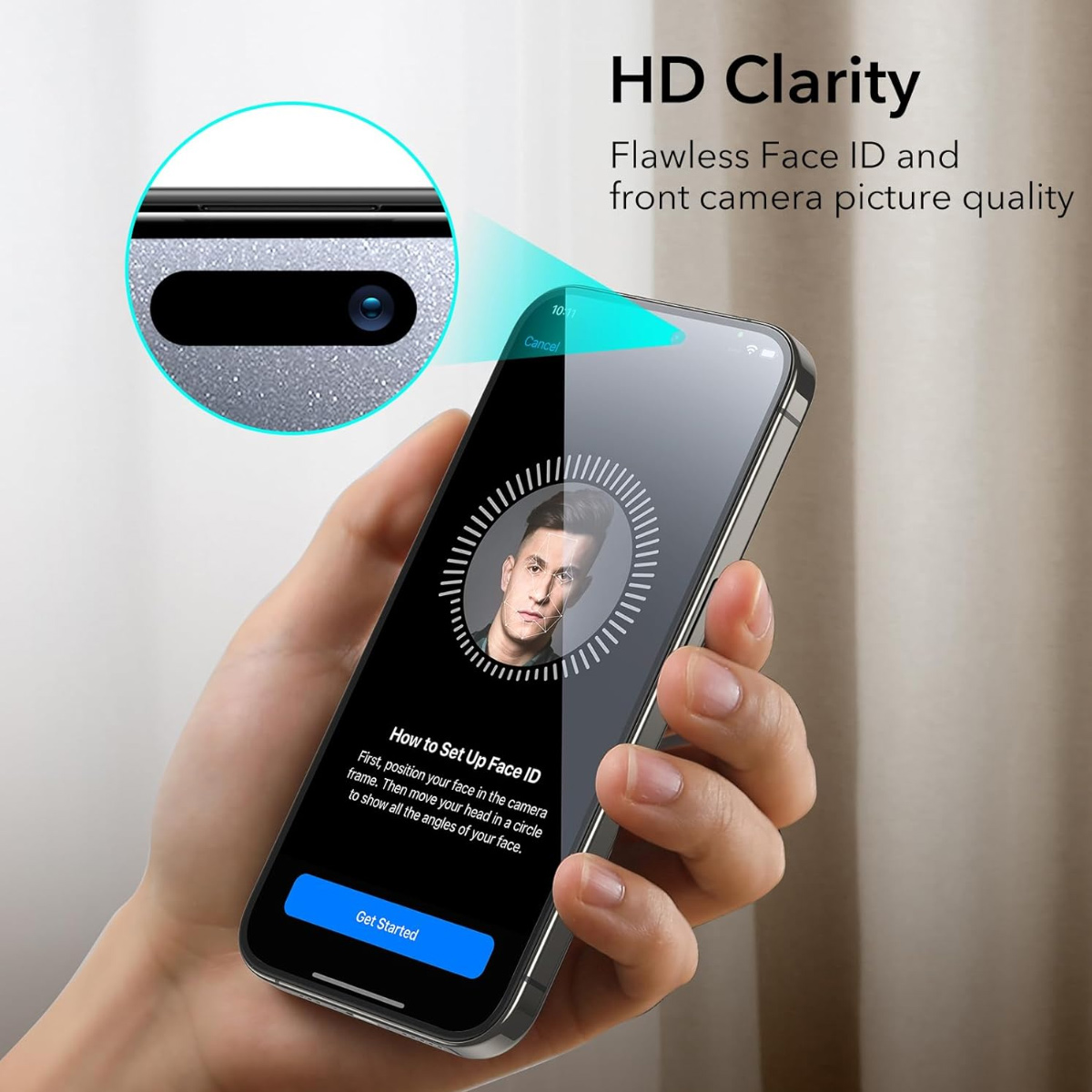 Eine Hand, die ein Telefon hält, das die Face ID-Setup-Anweisungen anzeigt. Das Telefon hat einen Bildschirm und eine Frontkamera.