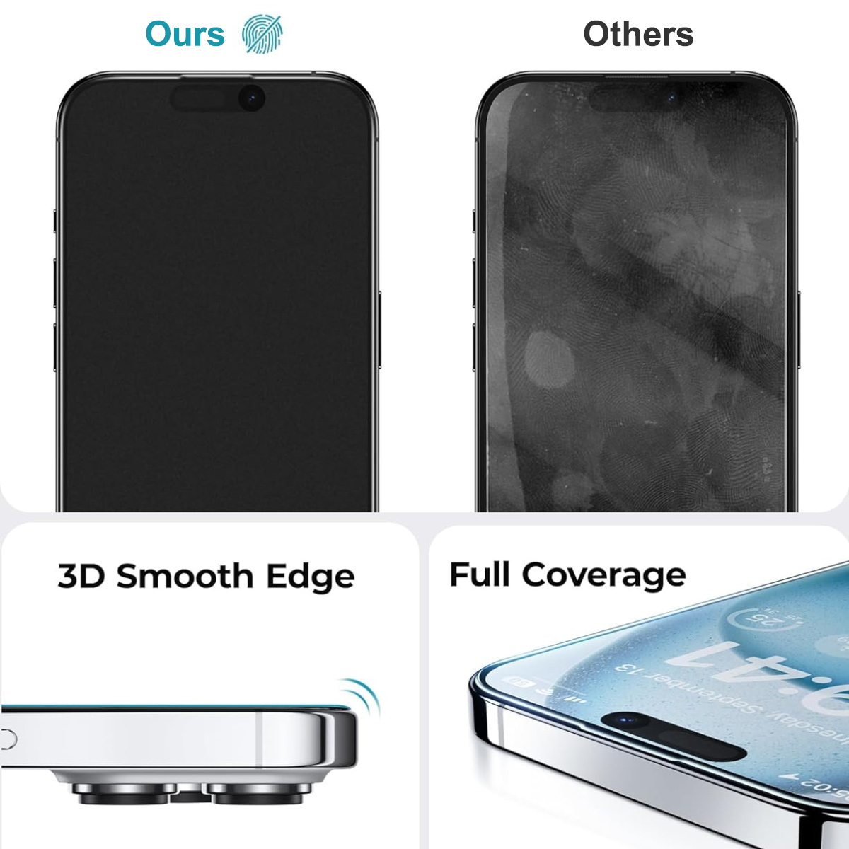 Vergleich von zwei Telefonbildschirmen. Einer zeigt einen klaren Bildschirm, der andere Fingerabdrücke. Text: 3D Smooth Edge.