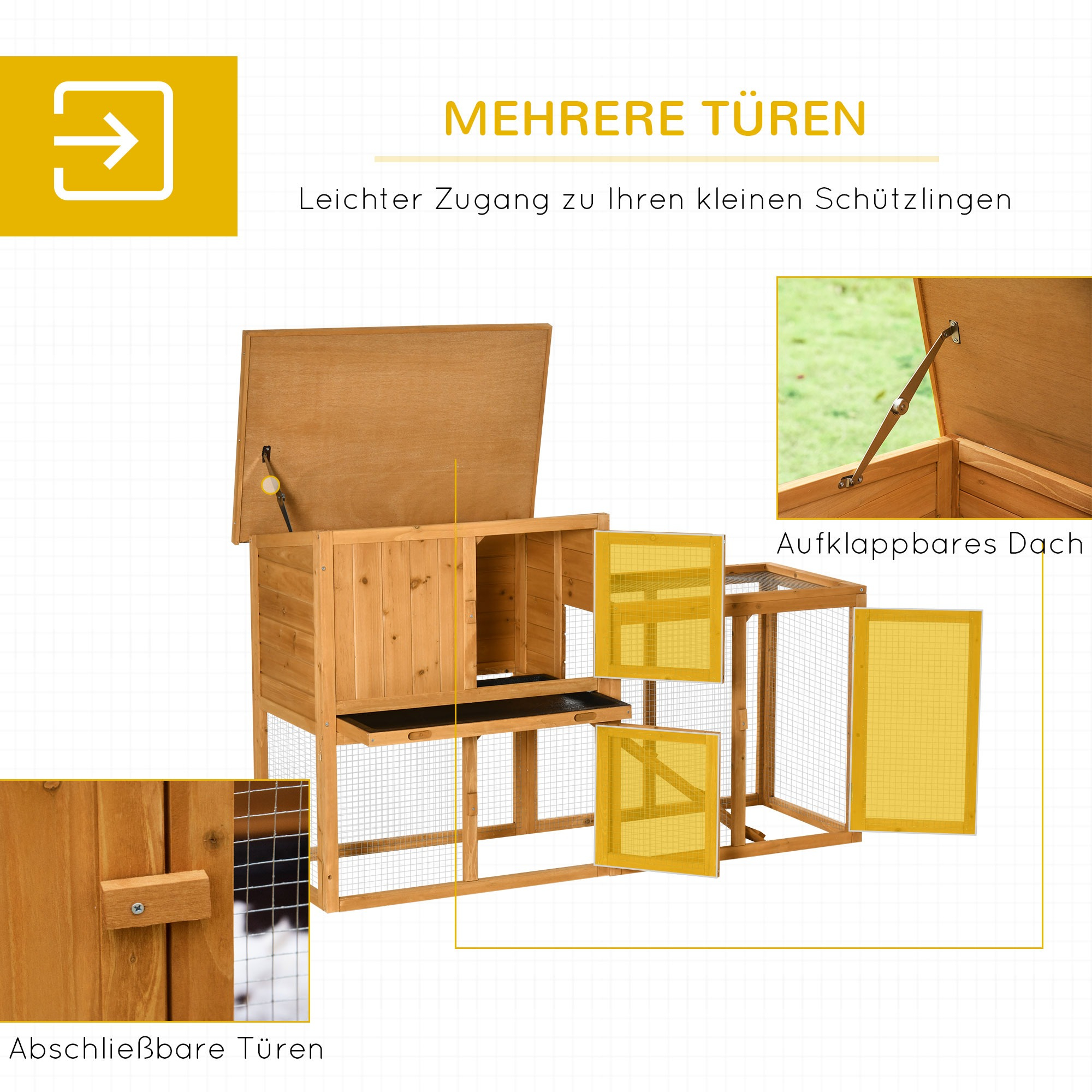 Holz-Kaninchenstall mit geöffneten Türen. Zusätzliche Details von Scharnieren und Schlössern werden angezeigt.