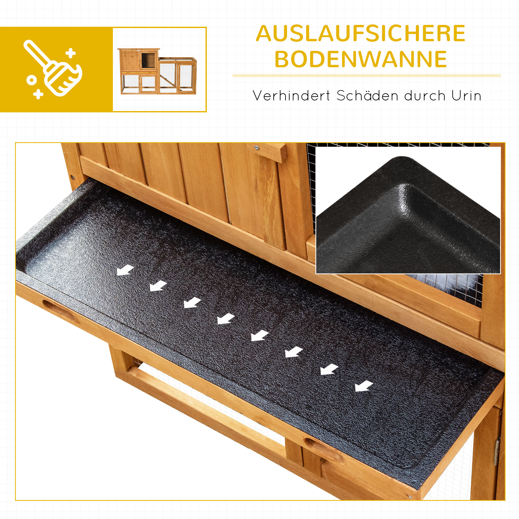 Kaninchenstall aus Holz mit herausnehmbarer schwarzer Wanne am Boden. Pfeile zeigen die Entwässerung.
