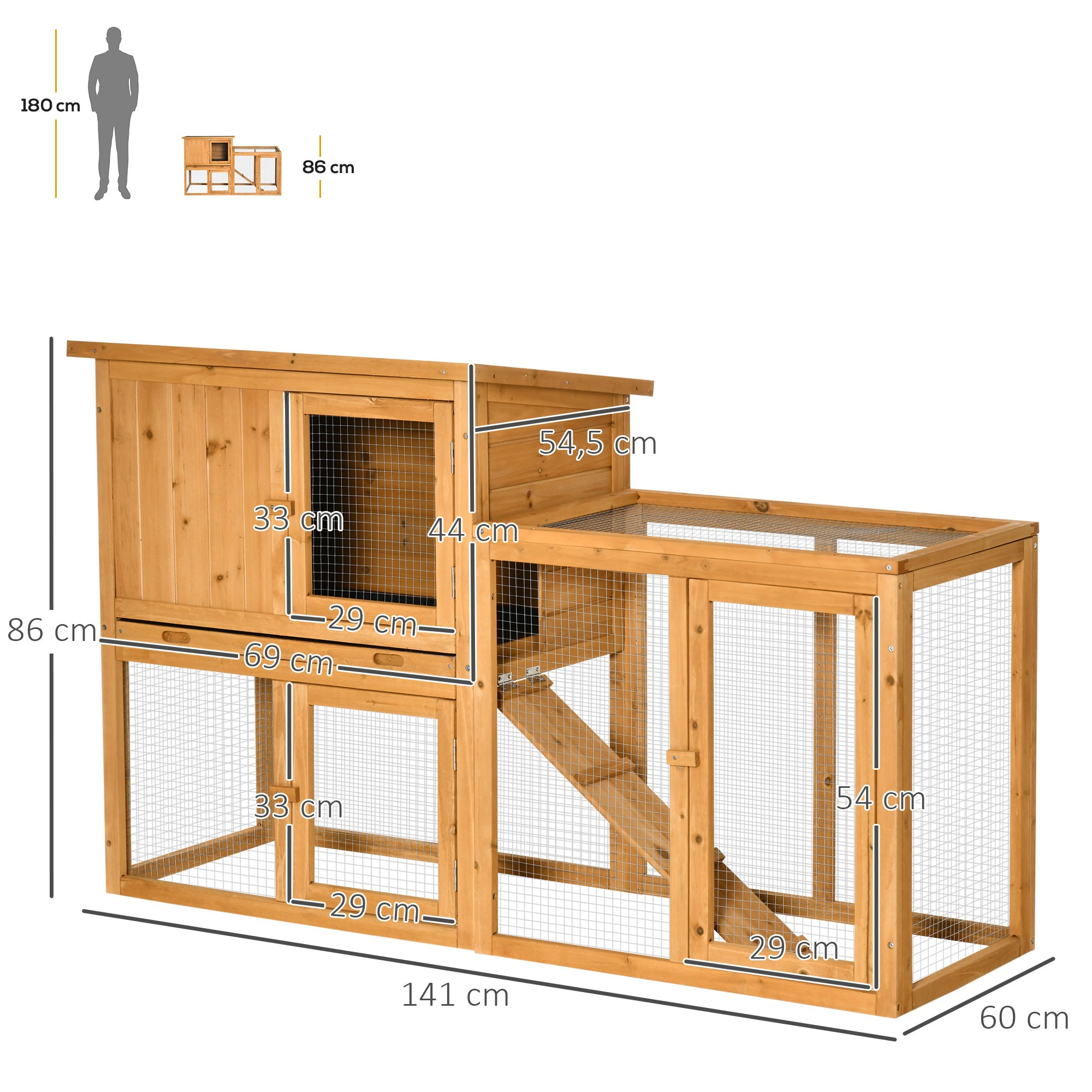 Hasenstall aus Holz mit Gitterseiten. Abmessungen in cm. Weißer Hintergrund.